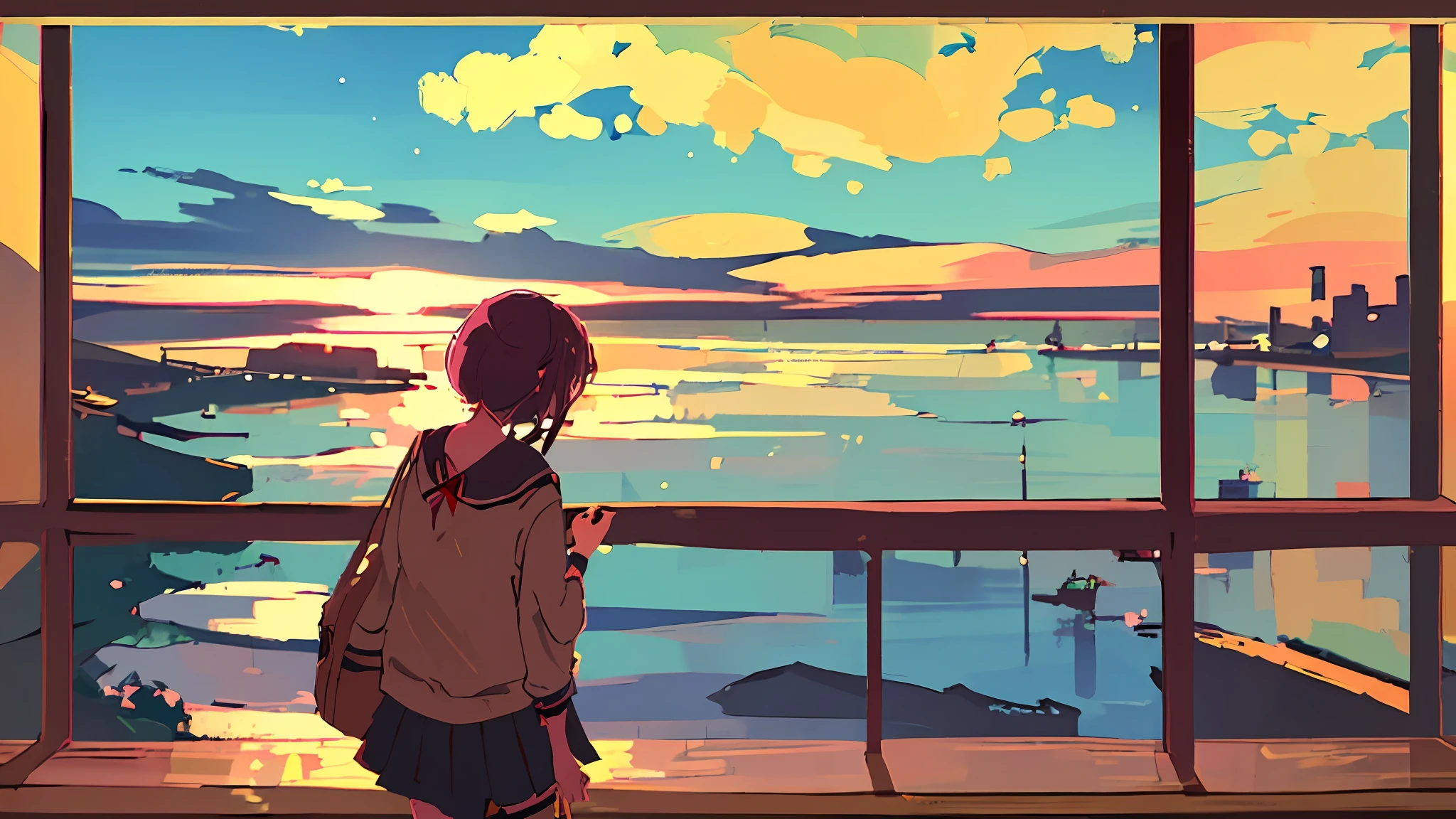 (((1girl, Sozinho))), scenery, cidade, golden hour, frame de anime, raio de luz