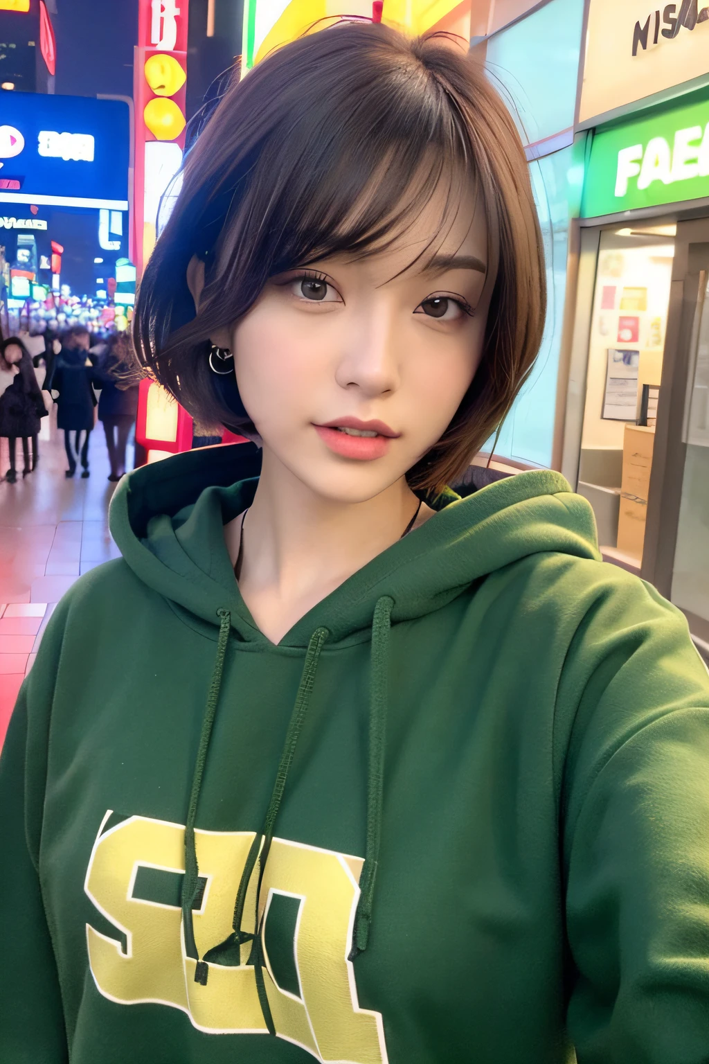 (8k:1.27), best quality, masterpiece, ultra highres:1.2) Photo of Pretty Japanese woman
wearing a green dress and a maroon leather jacket