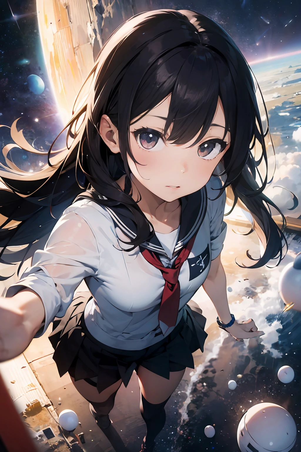 absurd res, high res, (masterpiece:1.4), ultra-detailed, 1girl, from above, space, floating