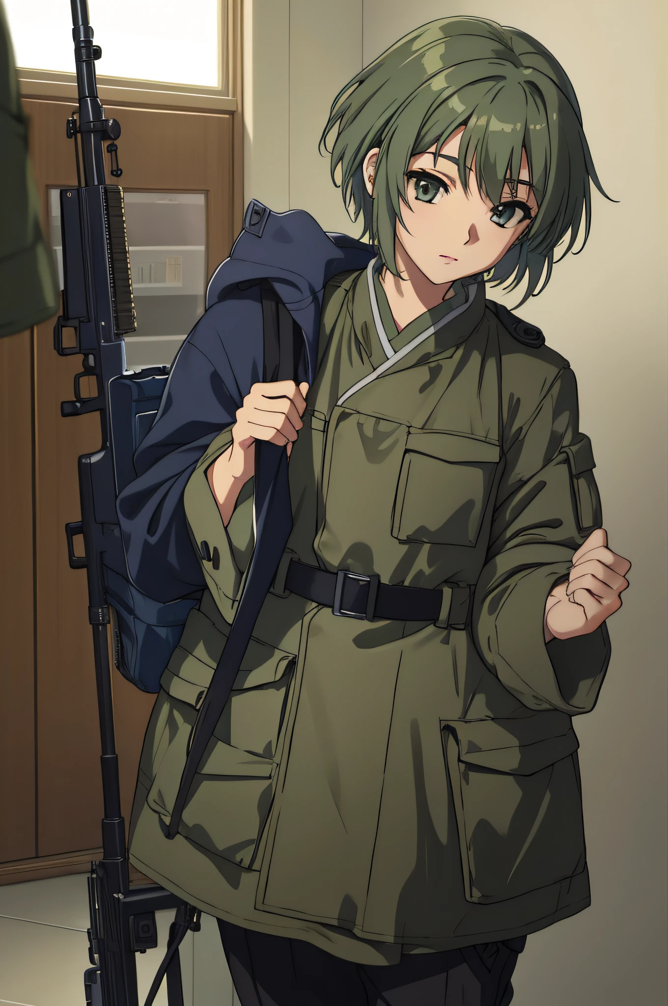 (masterpiece, best quality), intricate details
yuki nagato, olive green army uniform, holding rifle
