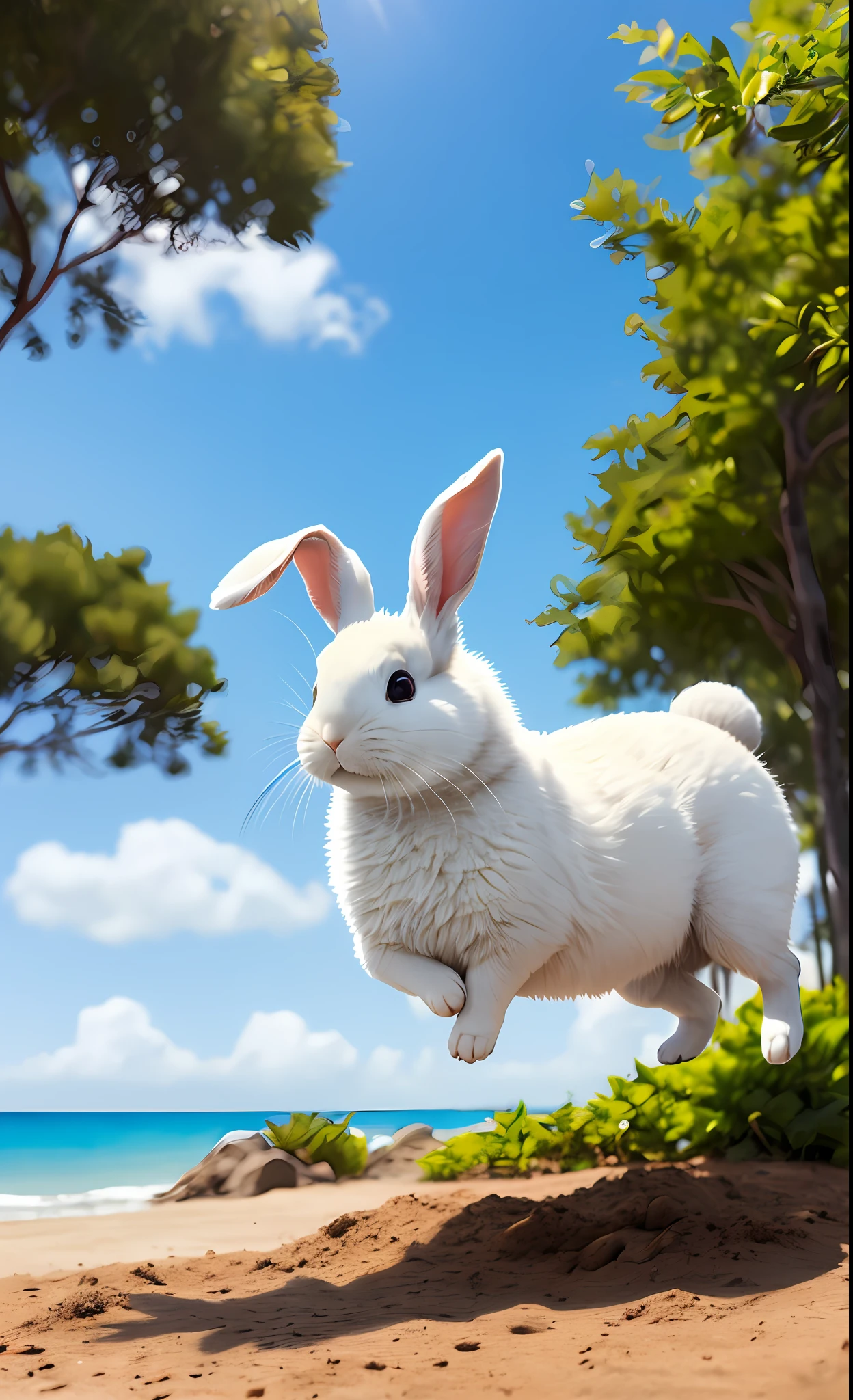 ((masterpiece, best quality)), soil, animal ears, fluffy rabbit, rabbit ears, jumping, beach, outdoor, full body, animal, sunlight, sunlight dappled, daytime, depth of field --v6