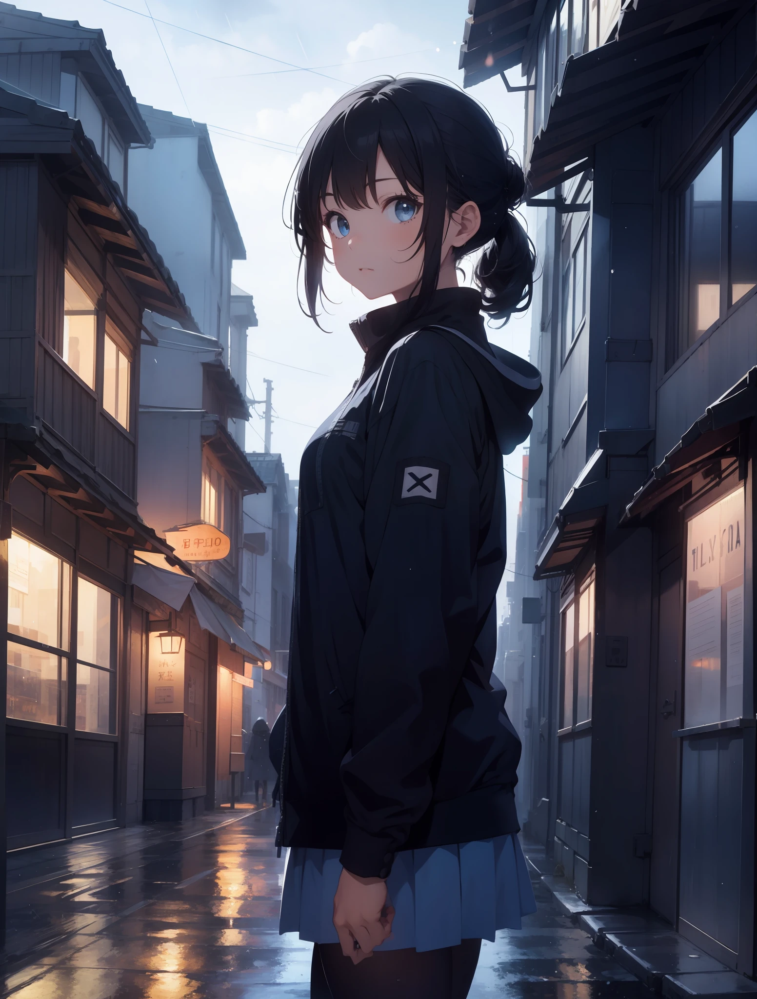 phblue, scenery, no humans, landscape, (masterpiece,best quality:1.4), blue theme, city, dusk, 1girl, rain,cowboy shot, close up,