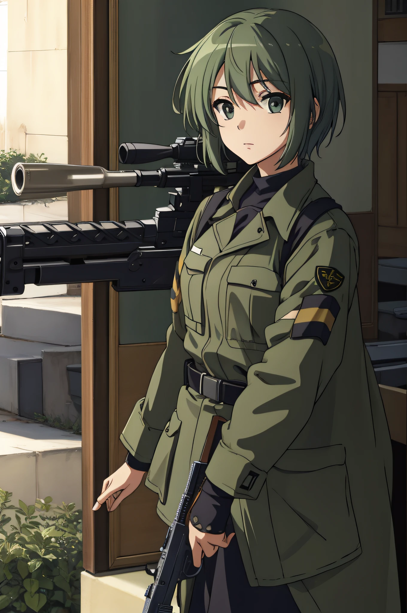 (masterpiece, best quality), intricate details
yuki nagato, olive green army uniform, holding rifle
