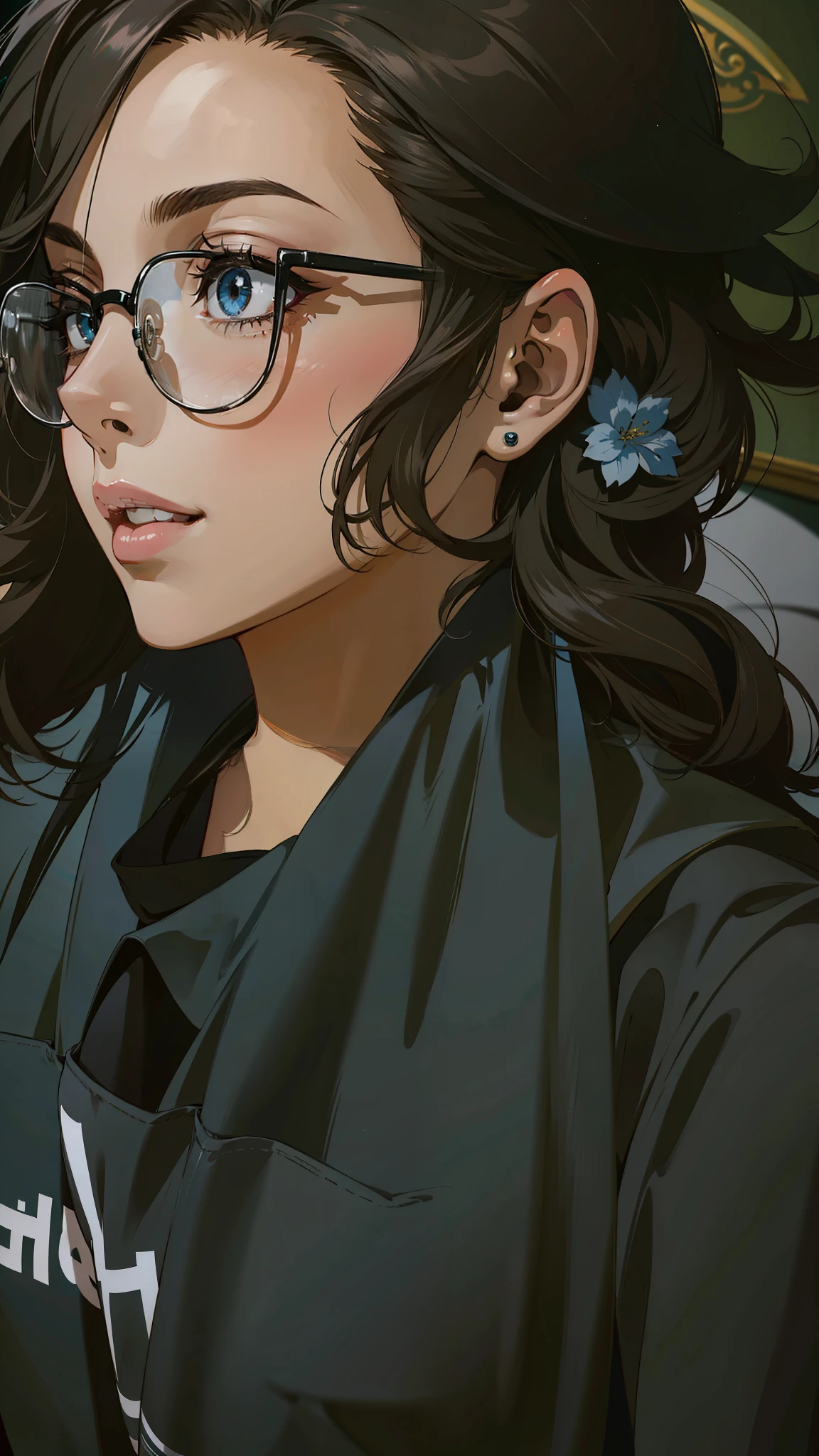 (masterpiece),(best quality:1.0), (ultra highres:1.0), detailed illustration, 8k, anime, 1girl, beautiful anime girl, wearing a black t-shirt, intricate details, black eyes, detailed eyes, glasses, black hair, detailed hair detailed, highlights on hair, slight smile, detailed lips, pretty lips, anime style, best quality, detailed
