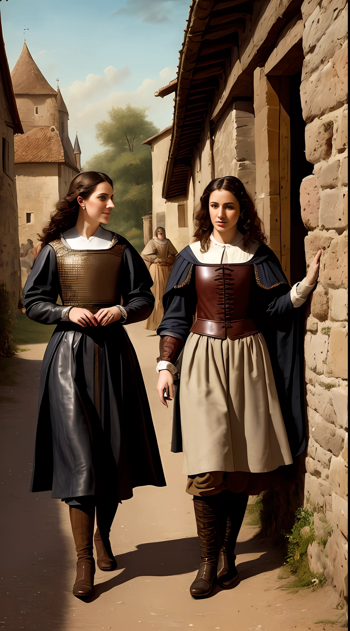 (masterpiece, 8K, UHD, oil painting, photo-realistic:1.3, by Greg Rutkowski), joyful and beautiful women, (wearing short medieval leather attire:1.2) with intricate 13th-century design, (standing at the side of a road in medieval France:1.2), illuminated by warm reddish light of the late sunset hours, realistic style, capturing the richness of the era, detailed surroundings, vibrant colors, dynamic composition, showcasing the beauty and spirit of the women in their medieval attire.