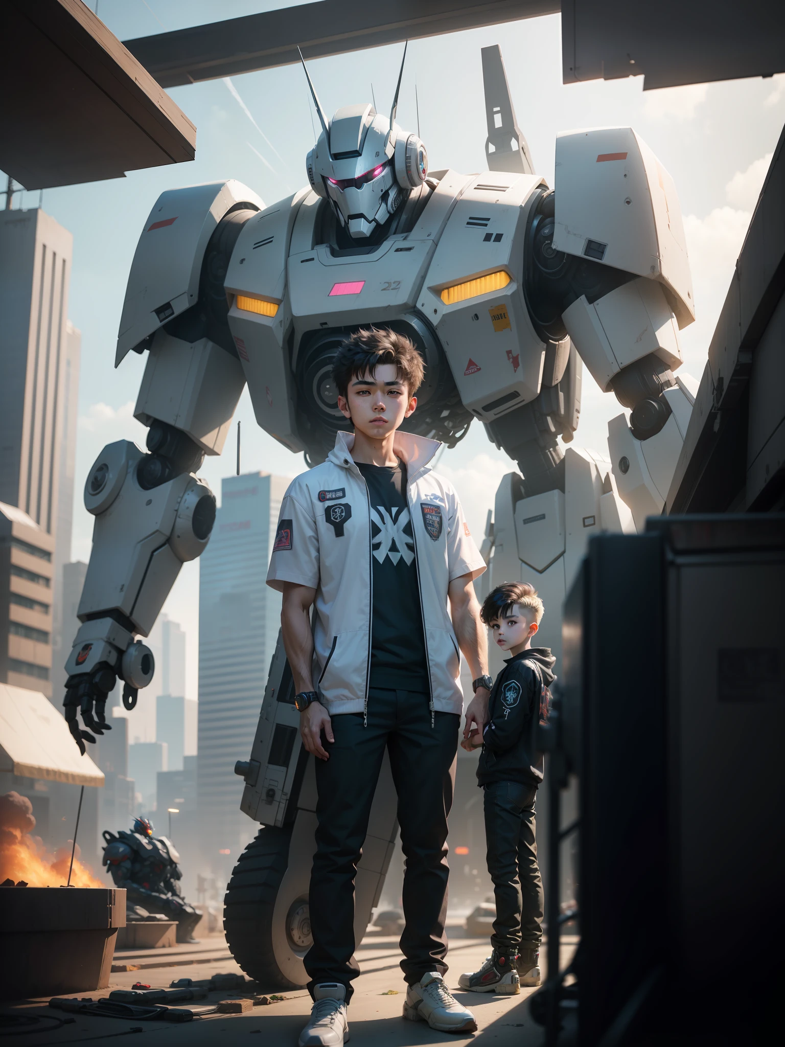 (Sharpness:2)Allard man in real short sleeves stands next to a giant robot, Boy in mecha cyber armor, Cyberpunk anime mecha, Male mech, cgsociety and fenghua zhong, anime mecha aesthetic, mechanization, Handsome white boy cyborg, cyberpunk 2 0 y. gal , mecha asthetic, Robot boy