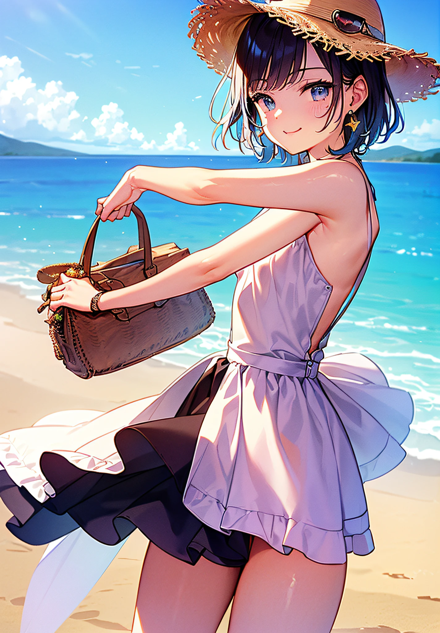 (((Masterpiece)), (((Highest Quality)), (((Very delicate and beautiful)), (Highly detailed CG Unity 8K wallpaper: 1.3), Very delicate light, (Backlight), (Steampunk),
/=、
(Cowboy Body)), (1 Loli: 1.3), Solo, (Petite), (Small), Neon Pink Sunglasses, Swimsuit, High Waist Shorts, White Hair, Blue Eyes, Earrings, (Wavy Curly Short Hair), (Ahoge), (Cute Face: 1.114), (Fine Eyes: 1.15), (Cute Face: 1.114)
, (beautiful fine eyes and beautiful face: 1.15),
The girl is smiling and looks happy in a beautiful tropical landscape. Behind her, the sun is setting, casting a warm glow on the scene, creating a dreamy atmosphere. In the distance, palm trees sway in the breeze, creating a leisurely retro atmosphere, such as sand, sun, beach, sea, horizon, etc.
Highly detailed ray tracing