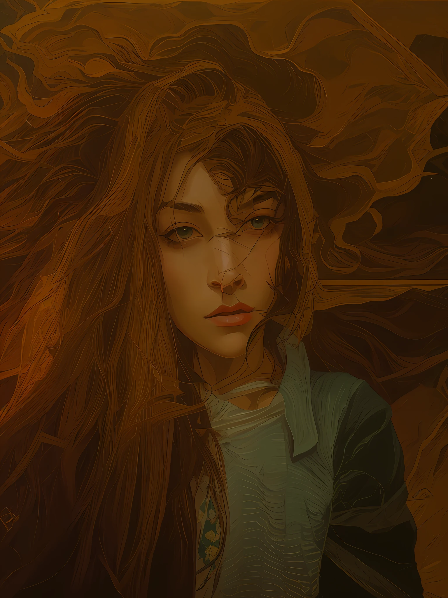 Painting of a woman with brown hair sitting in front of a tree, Rhats e Lois van Baarle, Casey Weldon, Android Jones e RHADS, Maria Jane Ansell, Donzela com cabelo de cobre, Lori Earley, por RHADS, Direction: Genevieve Springston Lynch, Rob Rey, Adriano Borda, inspirado no RHADS, Direction: Alexander Kucharsky