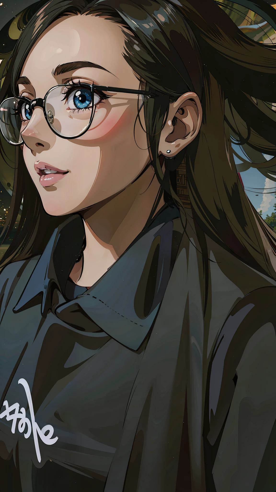 (masterpiece),(best quality:1.0), (ultra highres:1.0), detailed illustration, 8k, anime, 1girl, beautiful anime girl, wearing a black t-shirt, intricate details, black eyes, detailed eyes, glasses, black hair, detailed hair detailed, highlights on hair, slight smile, detailed lips, pretty lips, anime style, best quality, detailed