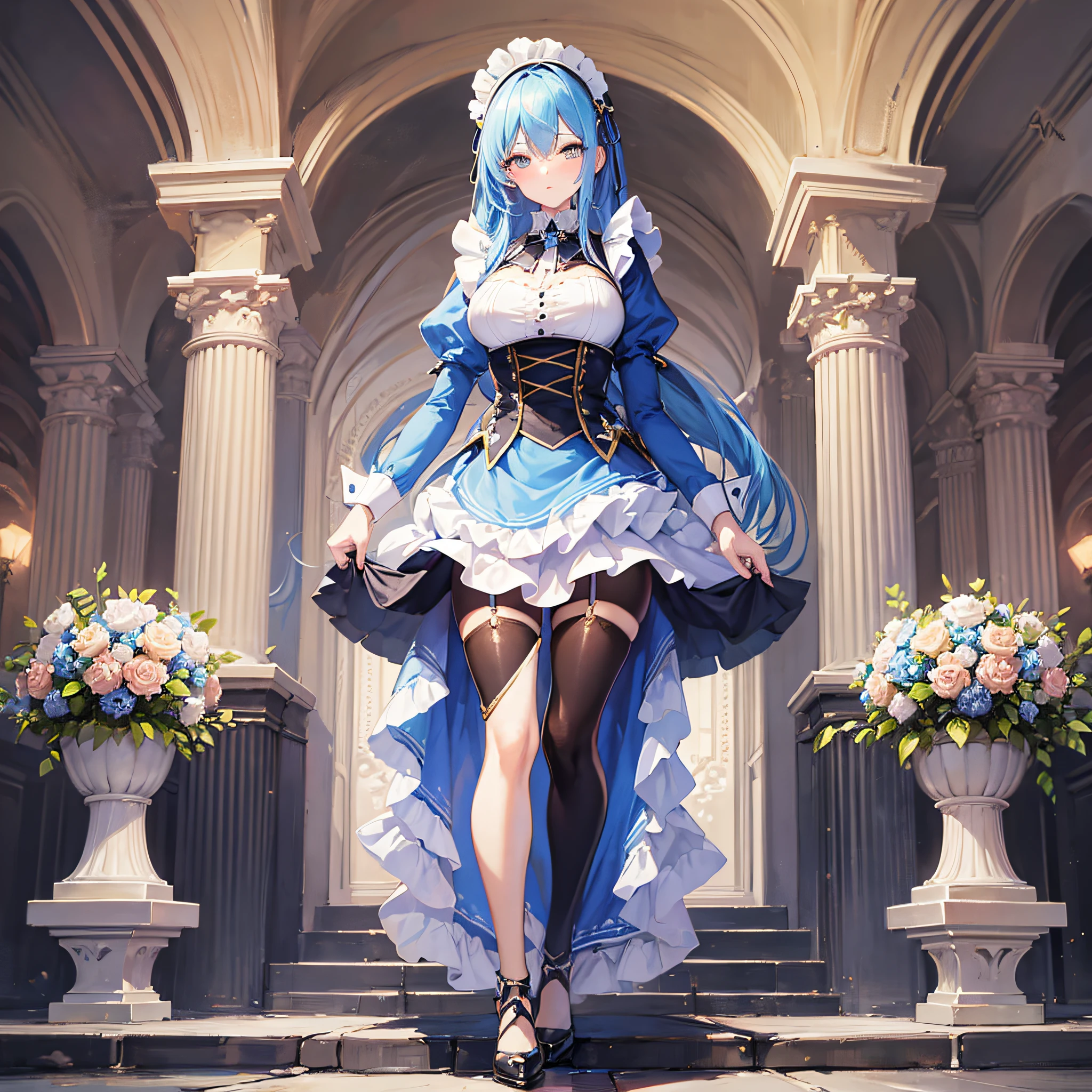 Absolutely beautiful cat lady, perfect slim body, mature royal sister, sky blue hair, royal sister face, maid outfit, sexy and alluring, beautiful face, full body portrait, standing pose, 4K picture quality, big body, feminine expression, blush shyness, outrageously large bust, deep eyes,