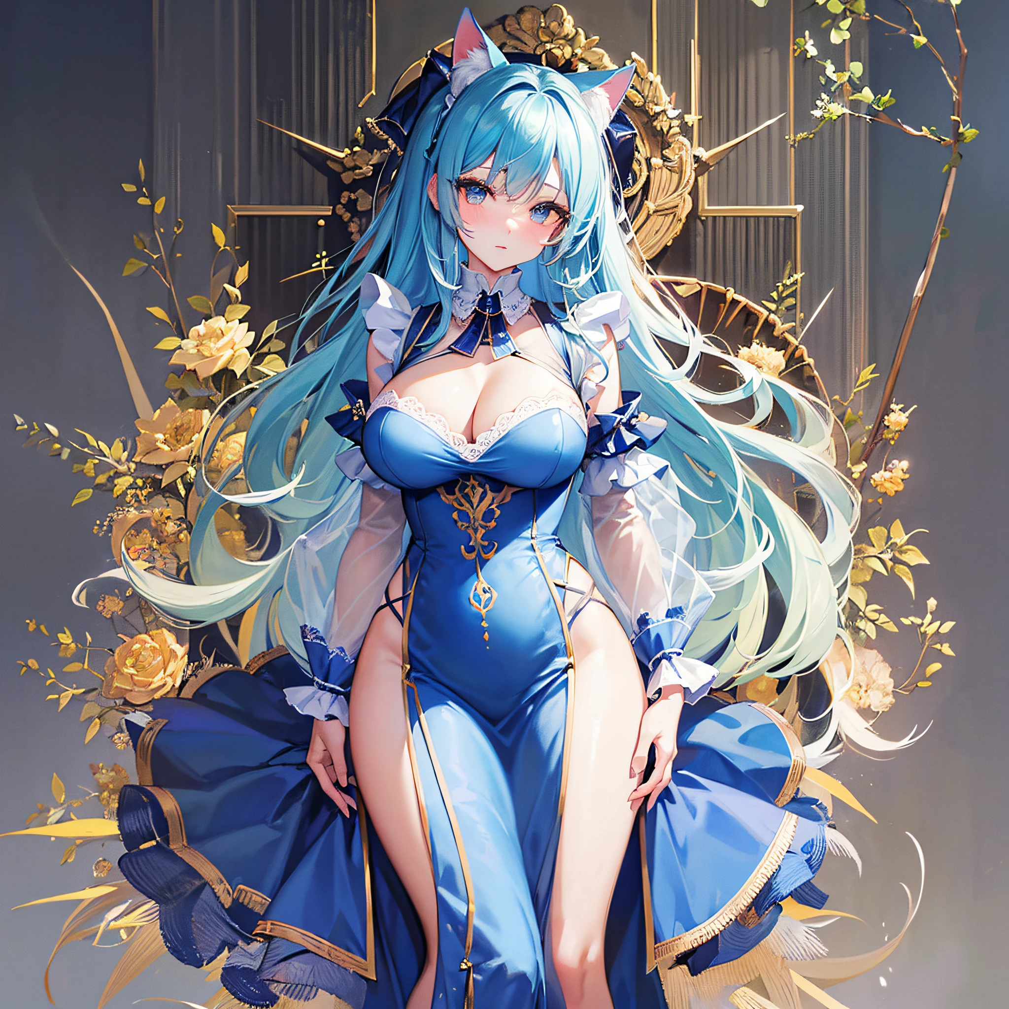 Absolutely beautiful cat lady, perfect slim body, mature royal sister, sky blue hair, royal sister face, maid outfit, sexy and alluring, beautiful face, full body portrait, standing pose, 4K picture quality, big body, feminine expression, blush shyness, outrageously large bust, deep eyes,