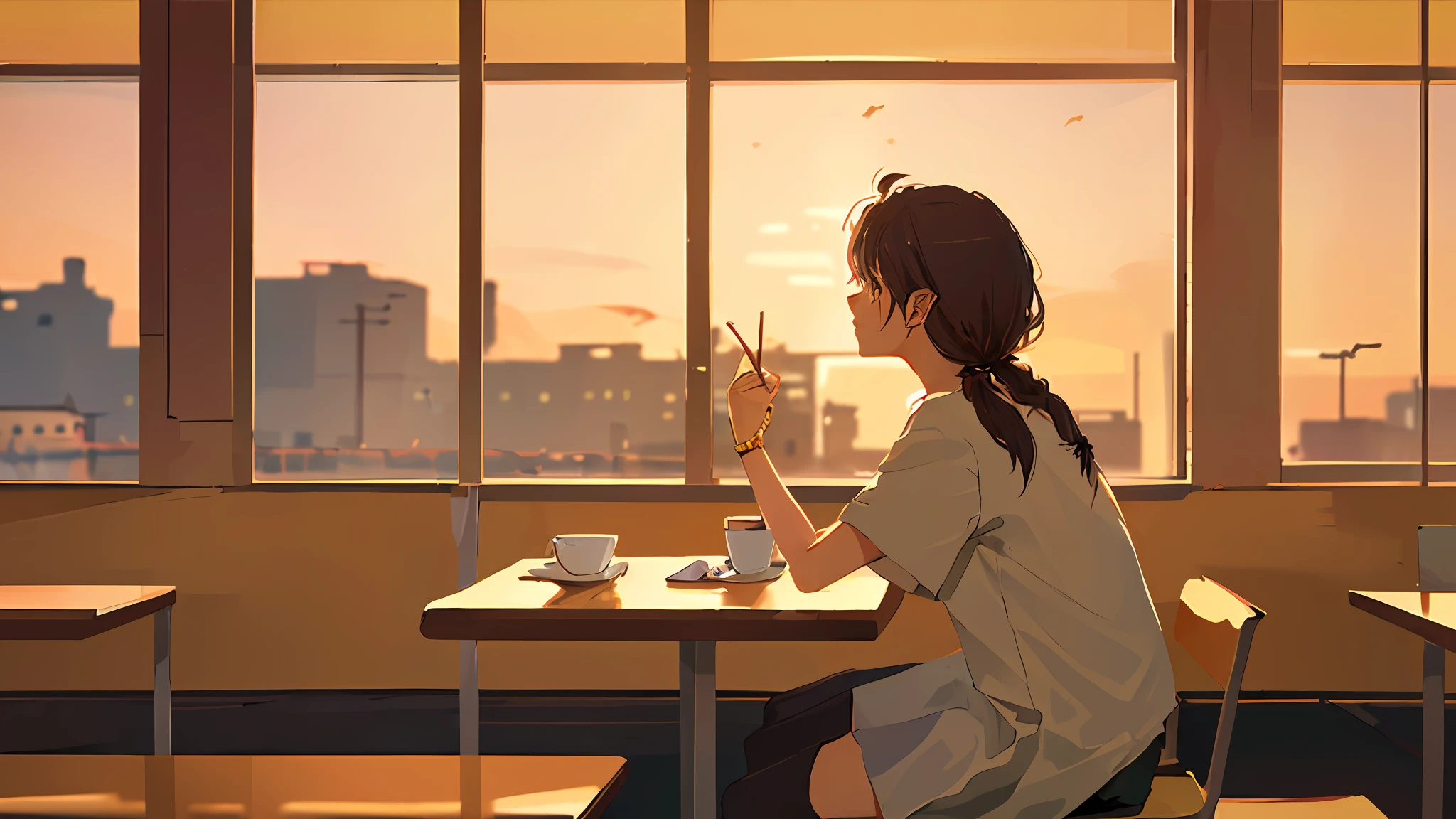 (((1girl, Sozinho))), urban setting, sentada em uma cafeteria, golden hour, frame de anime, raio de luz