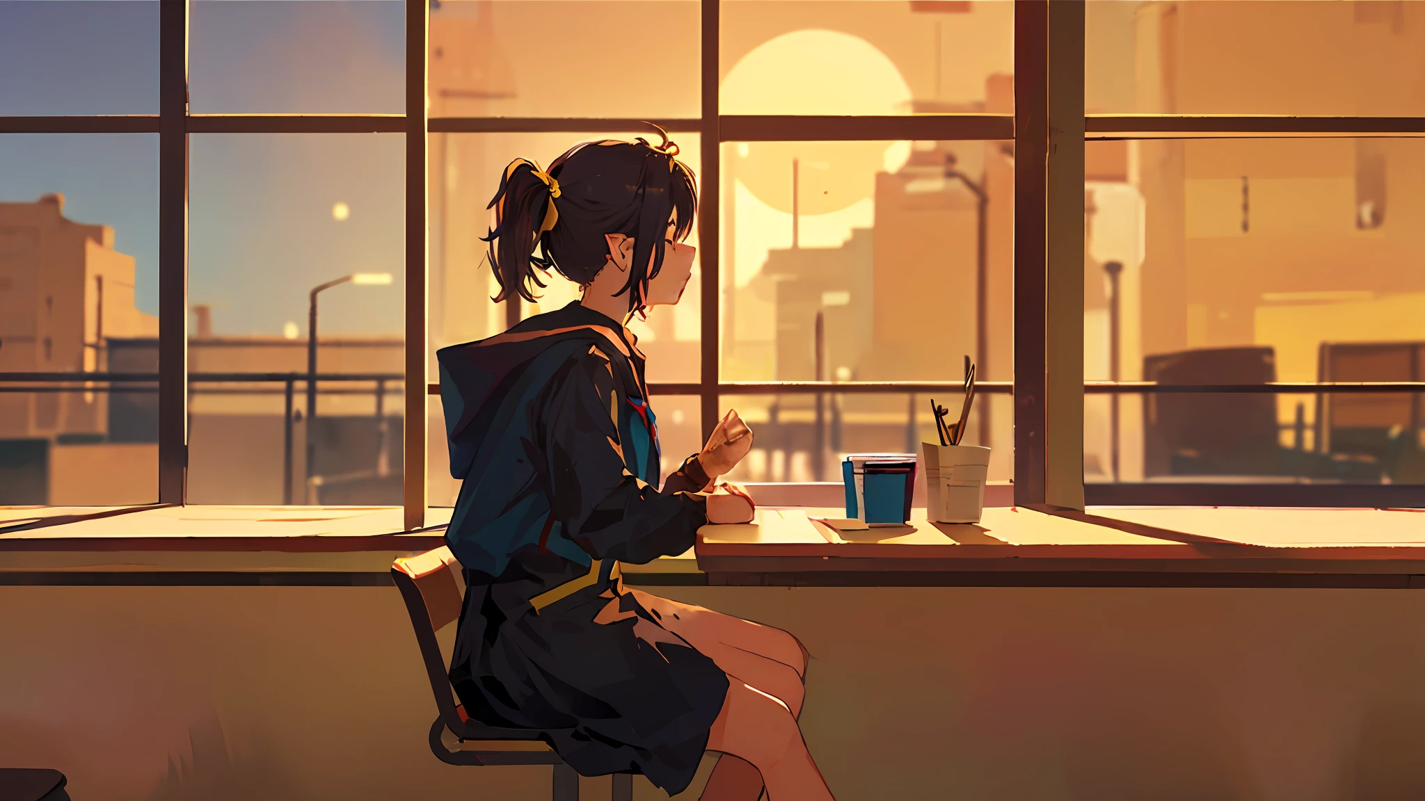 (((1girl, Sozinho))), urban setting, sentada em uma cafeteria, golden hour, frame de anime, raio de luz