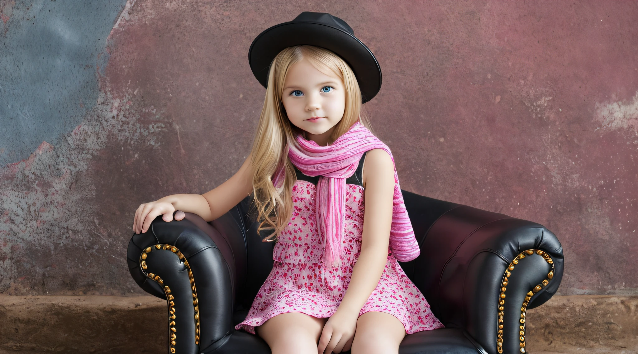 BLONDE CHILD girl,wearing a pink hat and scarf sitting on a black leather chair, photo from a promotional session, promotional photoshoot, young girl, beautiful young model, pink cowboy hat, young ager, photo shoot, photoshoot, inspired by Toros Roslin, red dress and hat, modeling essay, young and beautiful girl, studio portrait photography, photoshoot solo --auto --s2