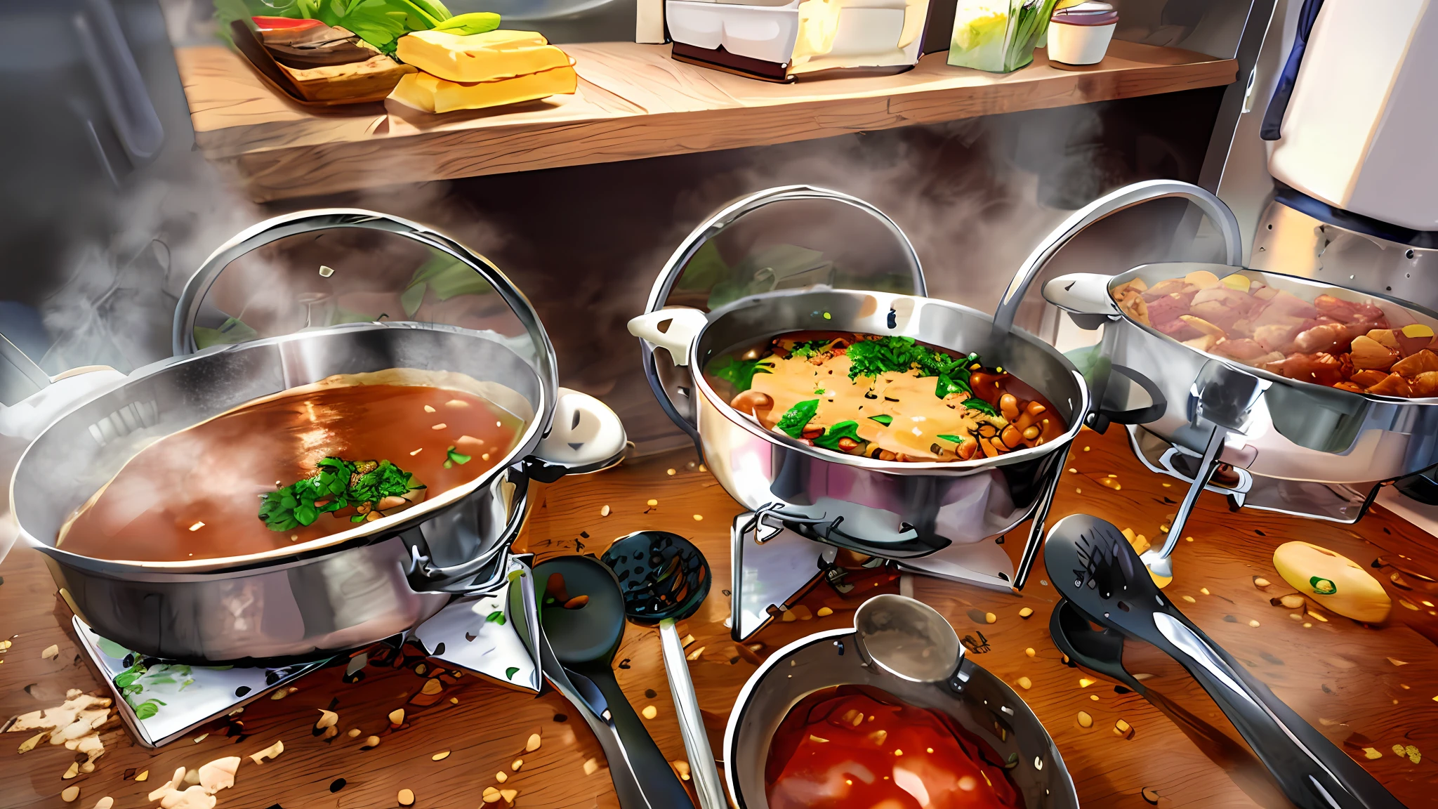 several pots of food are lined up on a table, cozinhando-o, dinner is served, overflowing with baked beans, pronto para comer, alta qualidade de imagem, cozinhado, cozinha gourmet, ensopado, medium detail, competition winning, comida quente, sopa, Frente cheia, imagem de qualidade muito baixa, cooking, imagem de alta qualidade, noite!, cooked to perfection