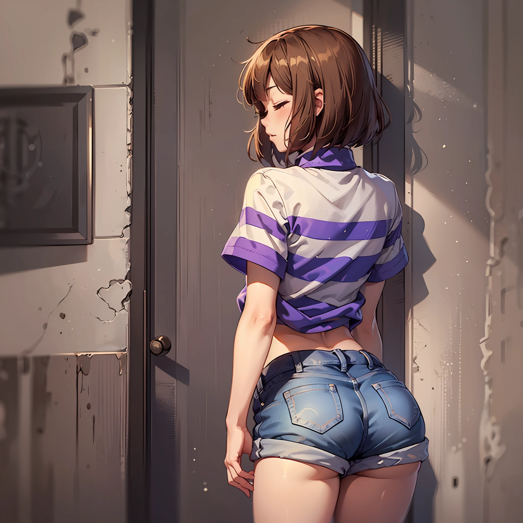 1girl, ((solo)), best quality, masterpiece, detailed, Undertale Frisk, brown hair, brown shorts, bob cut, short hair, striped shirt, closed eyes, blue shirt with purple stripes, striped shirt, from behind, tight shorts, wide hips, butt, large butt, large ass, suggestive