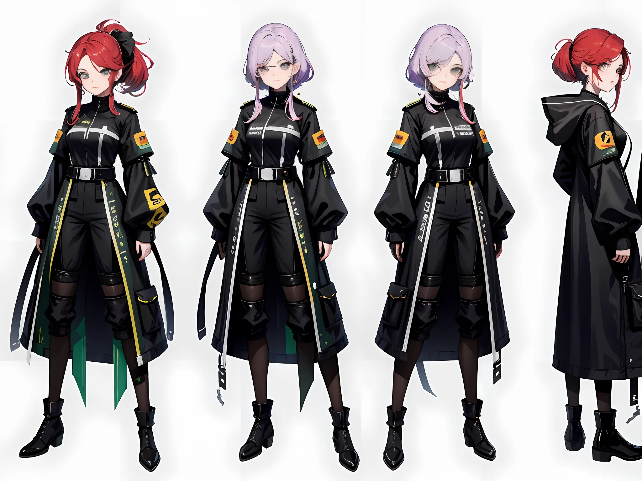 Masterpiece: 1.6, best qualidade: 1.4, imagem ao vivo: 1.2, detalhes intrincados: 1.2, charturnerv2: 1.2, 1lady full body character change,
Appearance: MILF: 1.25, fino: 1.3, olhos lilas, seios pequenos, corpo musculoso, musculosa, pele de cor cinza, olhos detalhado,water green eyes , olhos de qualidade, alta estatura.
Protective Clothing: huntress, armadura de couro roxa escuro, scratch details, black cover
Accessories: brincos de argola simples, uma faca amarrada na cintura.
Hair: lilac red hair, cabelos longo e ondulados, cabelos semi cacheados, cabelo sem franja.
Maquiagens: natural, pele opaca,
(single background, plano de fundo branco: 1.3), multiple views, multiple views of the same character in the same outfit: 1.3.