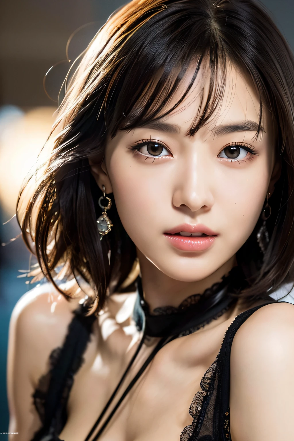 Tifa Final Fantasy VII Remake, rosto alegre, solo, 1 garota, cabelo preto longo original, long eyelash, olhos bonitos com brilho, surrealismo, sombra, estereograma, (fotorrealista, realista: 1.2), POV, atmospheric perspective, cinematic lighting, ray tracing, 8k, super detalhe, melhor qualidade, obra-prima, bem detalhado, (Canan EOS R6, 135mm, 1/1250s, f/2.8, ISO 400:0.9), cyberpunk, neon, sinais de neon, ramen shops, noite, decote, from behinde, barbante, tanque