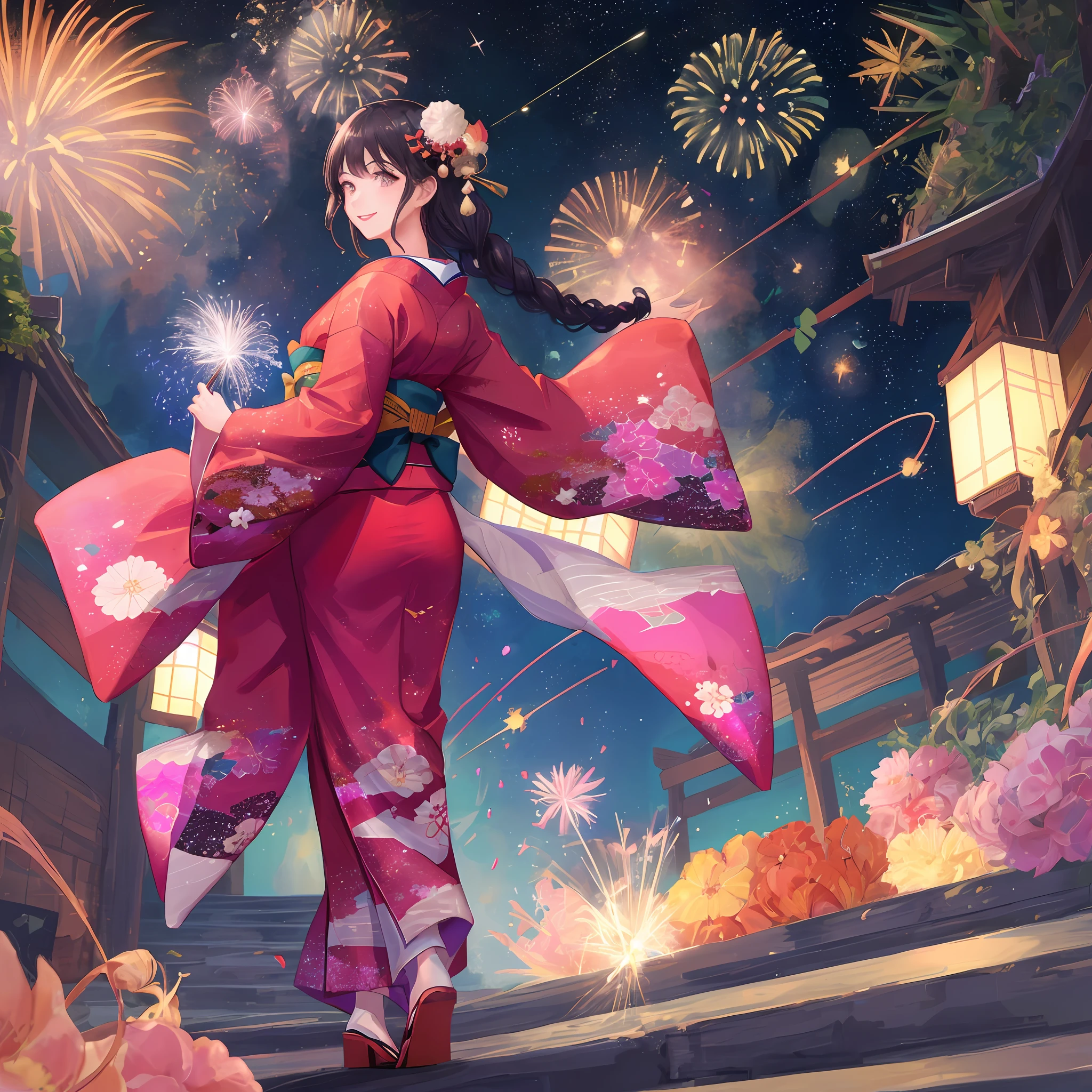 (One beautiful girl in an exquisite Japanese-style kimono)、behind、、Big Buttocks、解像度350px、サイズ2000px×2000px、(Master peace)、Space and fireworks、brunet、Braids、clean neck、Pink Lips、smile、Crystal clear panty line、((A sexy))、panties