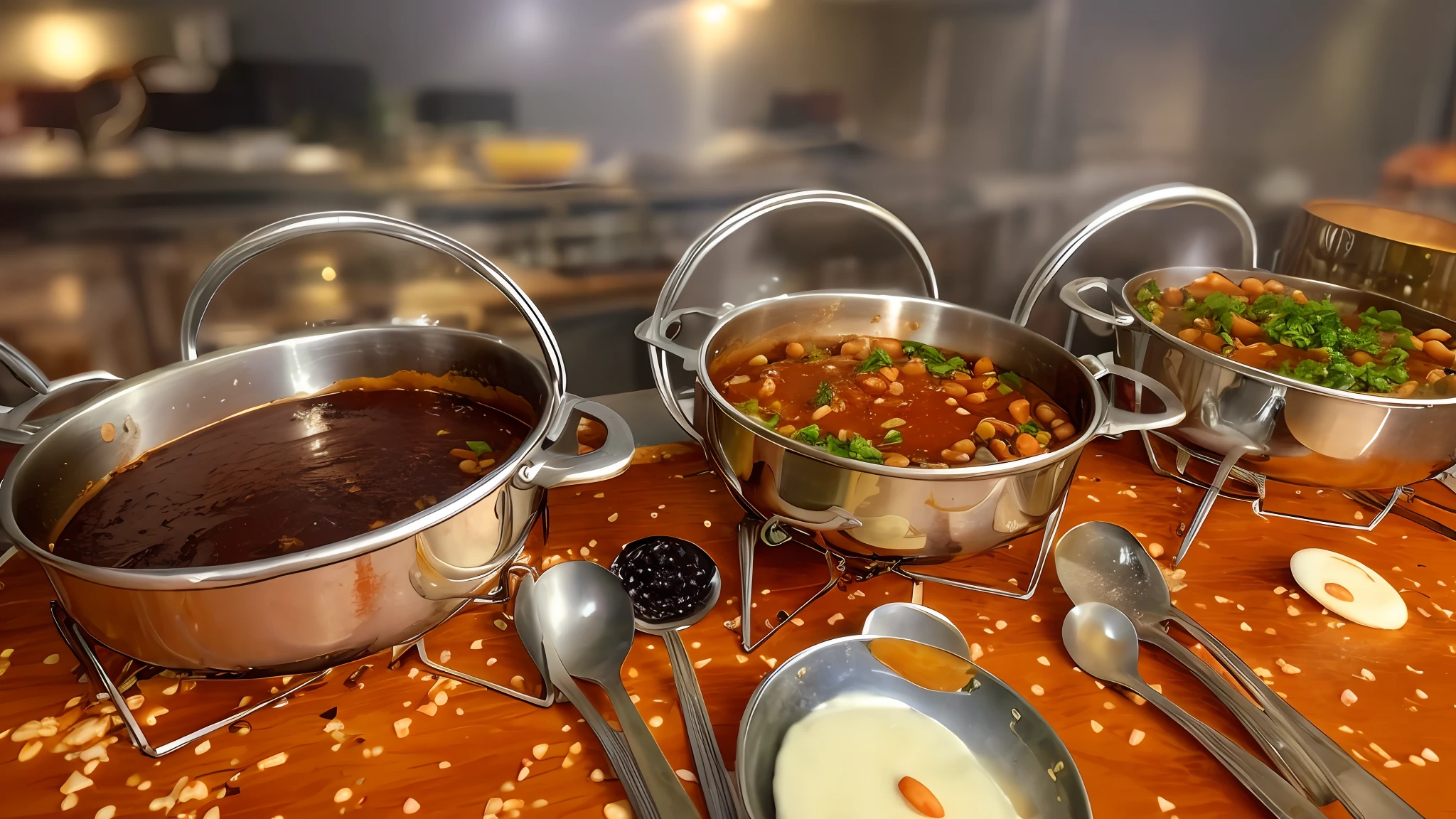 several pots of food are lined up on a table, cozinhando-o, dinner is served, overflowing with baked beans, pronto para comer, alta qualidade de imagem, cozinhado, cozinha gourmet, ensopado, medium detail, competition winning, comida quente, sopa, Frente cheia, imagem de qualidade muito baixa, imagem de alta qualidade, noite!, cooked to perfection