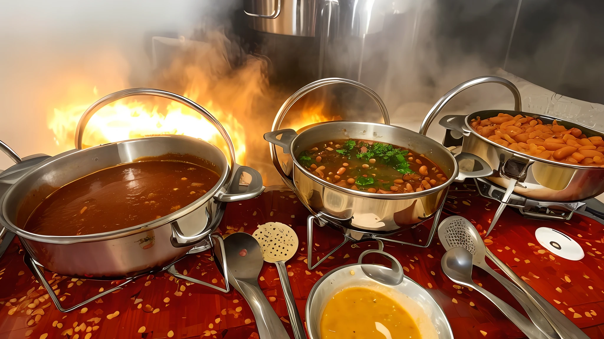 several pots of food are lined up on a table, cozinhando-o, dinner is served, overflowing with baked beans, pronto para comer, alta qualidade de imagem, cozinhado, cozinha gourmet, ensopado, medium detail, competition winning, comida quente, sopa, Frente cheia, imagem de qualidade muito baixa, imagem de alta qualidade, noite!, cooked to perfection