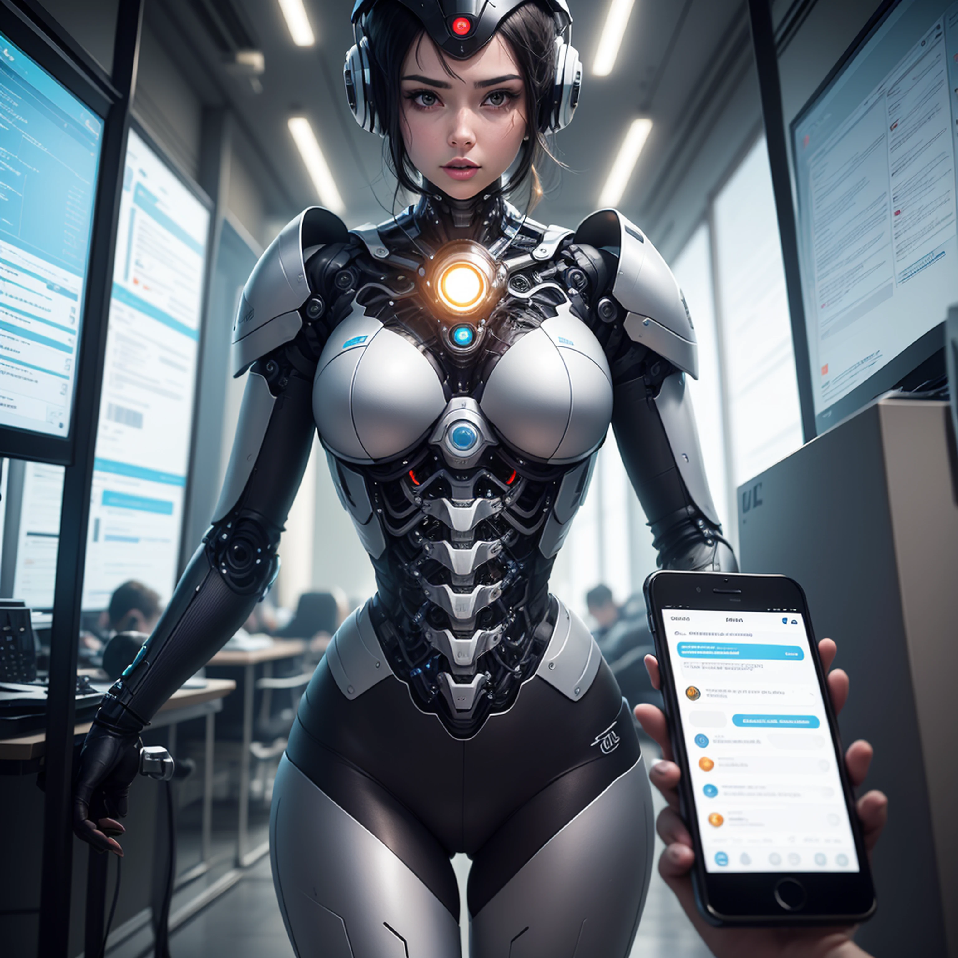 Imagine a scenario where engaged employees work side-by-side with AI systems, leveraging their intelligence and capabilities to make informed decisions and achieve exceptional results. Pense em elementos como equipes colaborando com assistentes virtuais, Accelerated growth charts, algoritmos complexos e dispositivos conectados, All driven by artificial intelligence.
Capture the essence of a futuristic business environment, onde a --auto