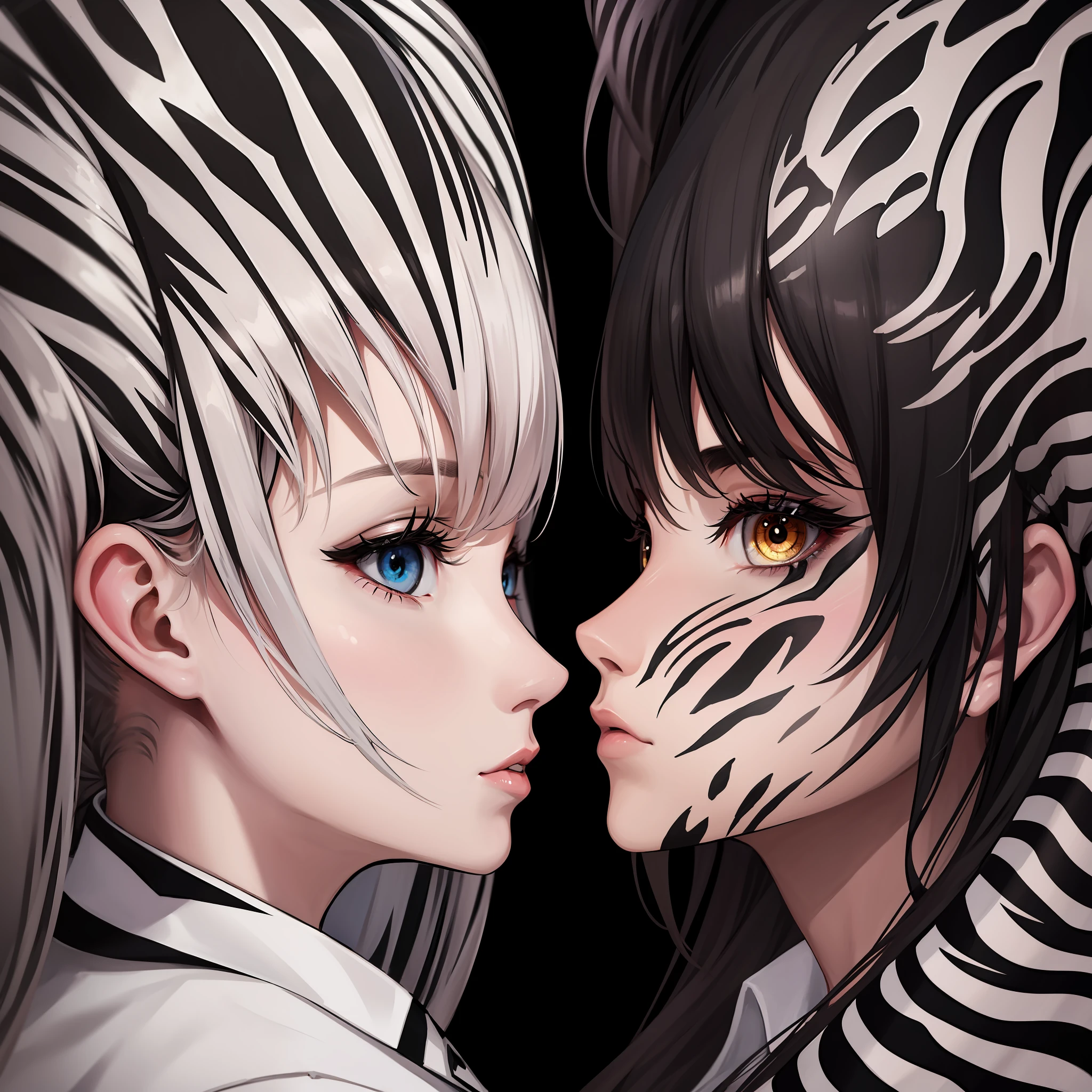 people with zebra heads painting each other, one wearing a black suit and the other wearing a white suit,,Masterpiece,8k, detailed,ultra detailed,symmetrical face.