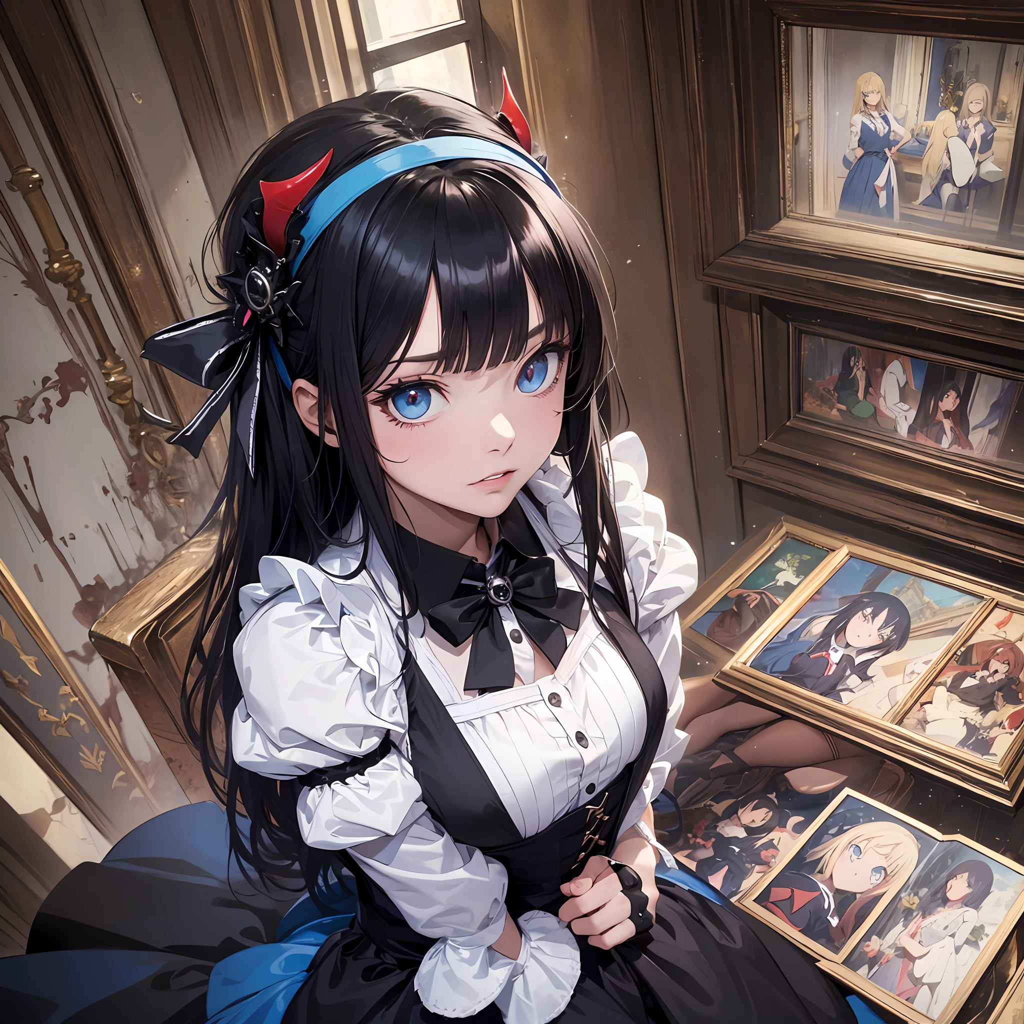 (Masterpiece:1.4), (best quality:1.4), (high resolution:1.4), Alice Liddell, blue dress, white apron, black hair band, viewer watching, black harre, black long hair, black hair, anime girl, anime, bad girl, evil girl, satan, devilish girl, gothic style, crazy face, embodiment of evil, insane --auto --s2