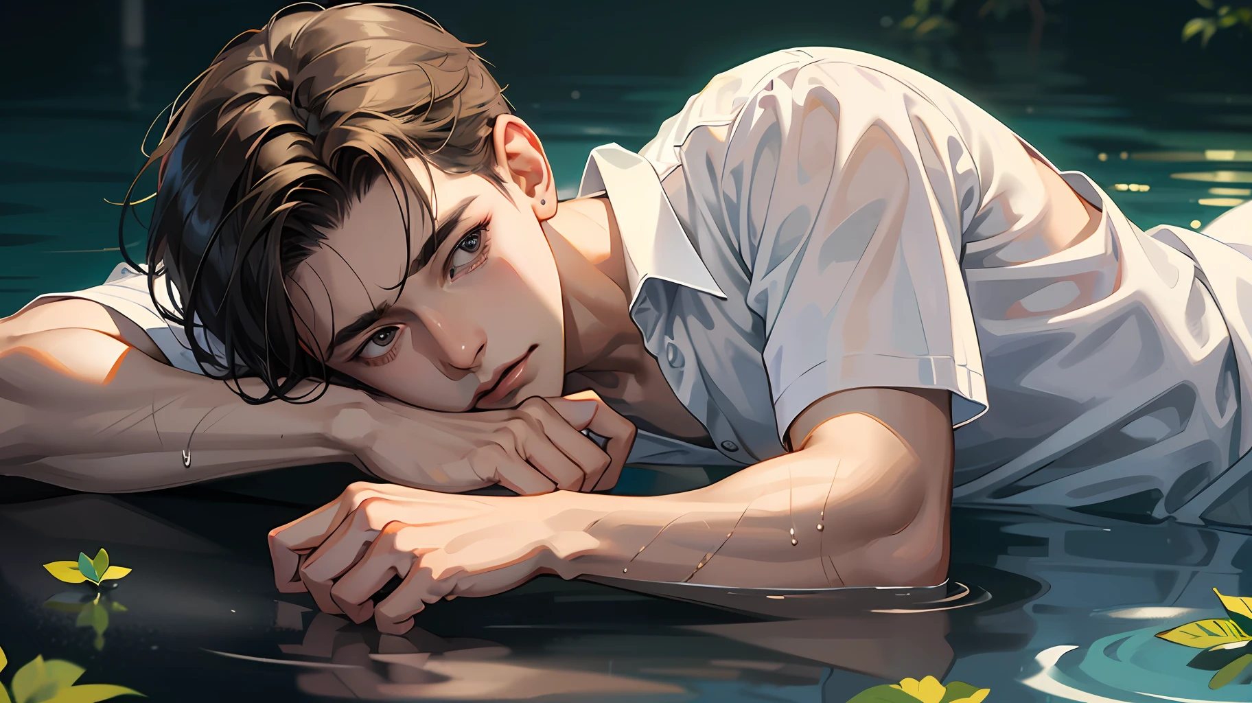1boy, male, man, boy, teenager, young man, physically based rendering, professional lighting, extreme detail, white shirt, bouquet, cross earrings, lying on water, high brightness, refreshing, soft light, ((single))), (solo), lying down, wet, transparent shirt