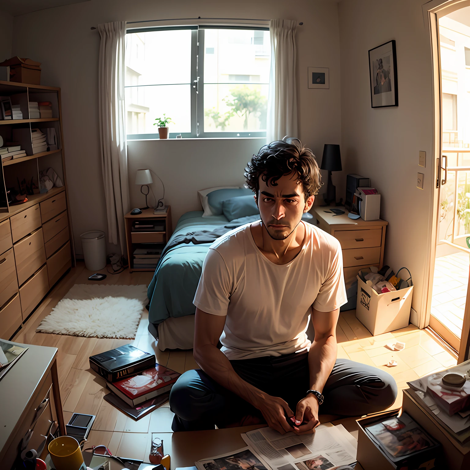 arafed man sitting on a bed in a messy room, messy room, dentro de um quarto desordenado, messy bedroom, someone at home sits-se na cama, inside a messy room, apartamento sujo, Quarto desordenado, Pertences espalhados, em quarto pequeno, tristezado homem, foto retrato, (arte digital), 3am, 3 am, Lutando, foto ainda --auto