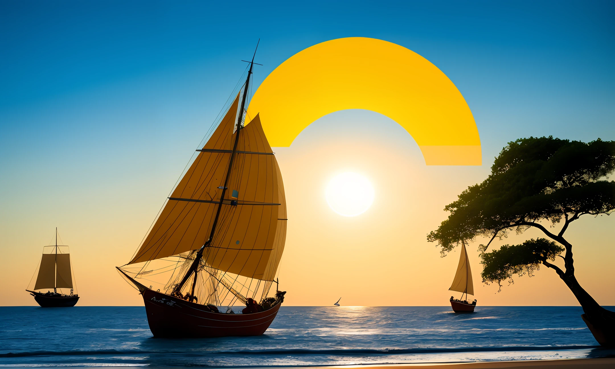Create - The image shows three Portuguese caravels sailing towards a verdant coast, which represents Brazil. The caravels symbolize the maritime expeditions of the Portuguese and their arrival in Brazilian territory in 1500.
- The image also shows a nearly faded sun on the horizon, which represents the beginning of a new era for the Portuguese and the indigenous peoples who lived in Brazil. The nearly extinguished sun may also suggest the idea of discovery, of revelation, of uncertainty.
- The image has cool and contrasting colors, which represent the diversity and natural and cultural richness of Brazil. Colors can also convey a sense of sadness, of hope, of despair.