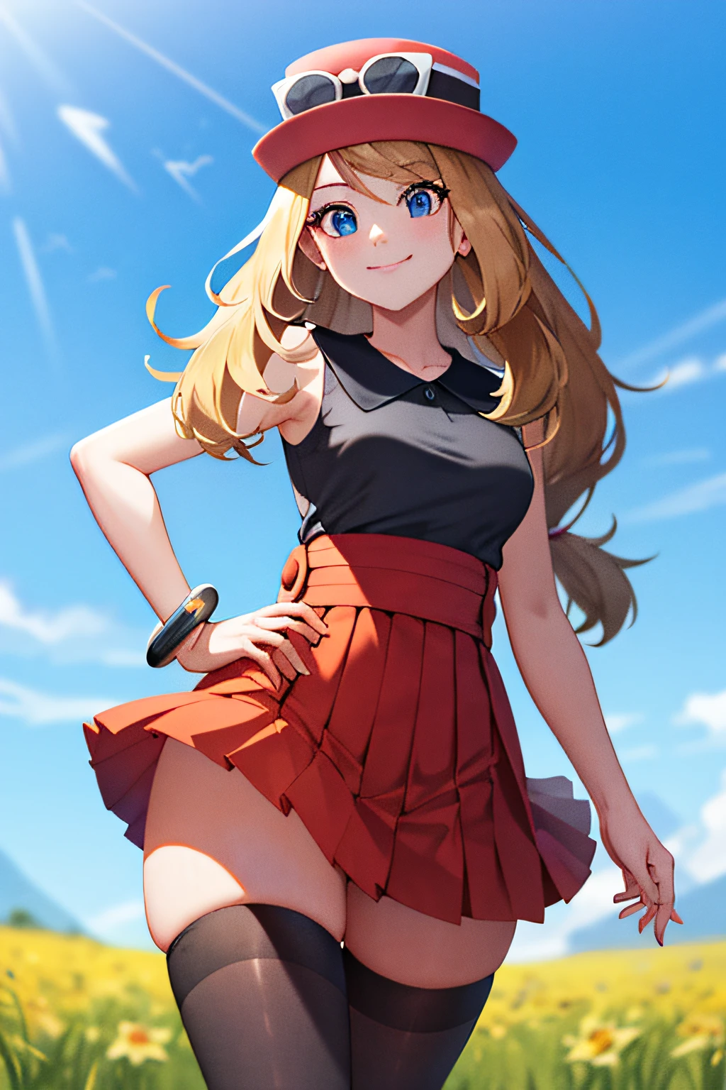 masterpiece, best quality, highres, blue eyes, serena \(pokemon\), 1girl, solo, thighhighs, long hair, hat, jewelry, bracelet, black thighhighs, collared shirt, pleated skirt, red skirt, sleeveless, high-waist skirt, sleeveless shirt, eyelashes, pink headwear, black shirt, eyewear on headwear, cowboy shot, field, smile, closed mouth, from below, thick thighs, looking down at viewer,