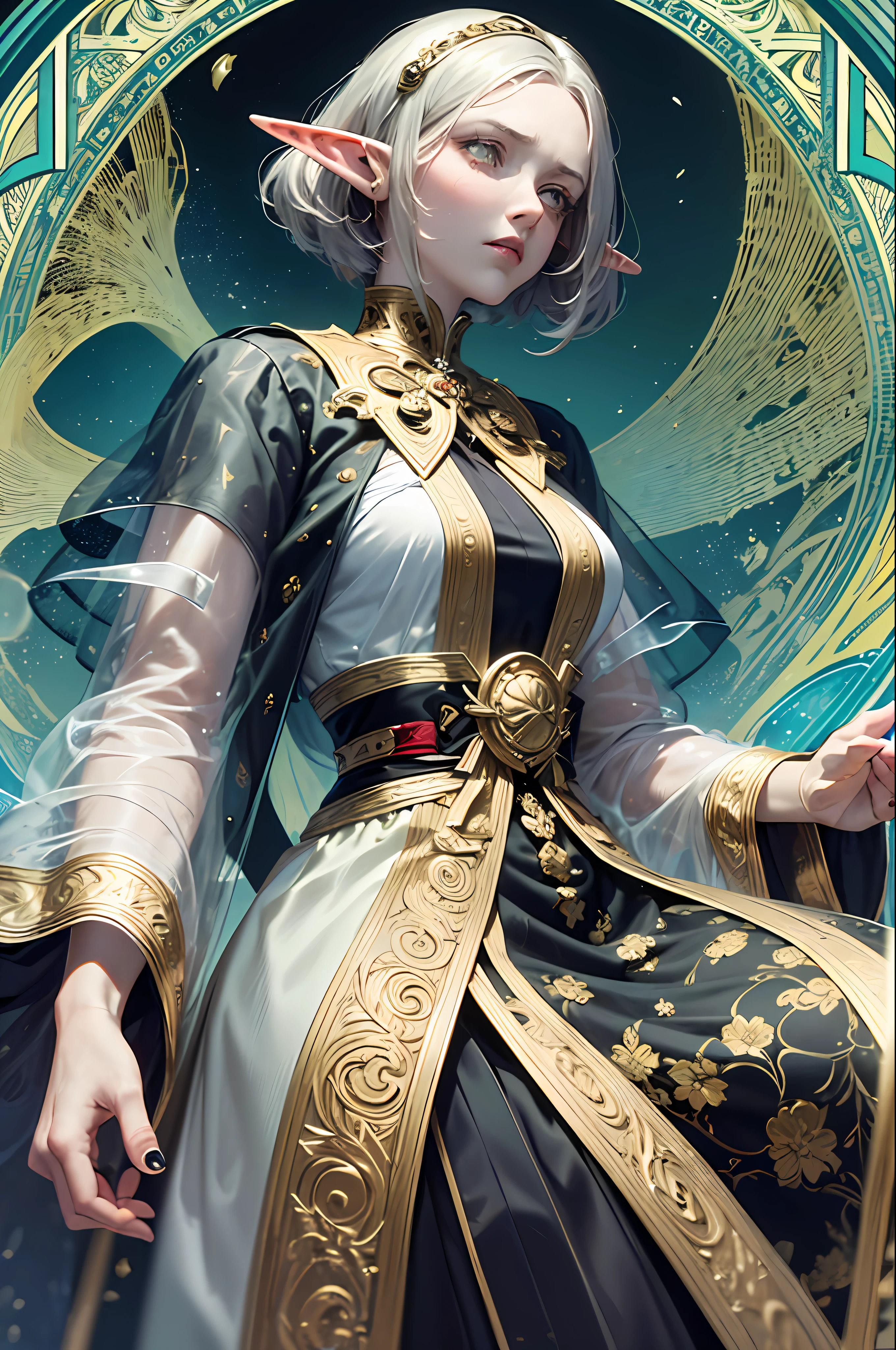full body shot, darkest_diffusion, (girl, 1 beautiful face, adult, (tired, sad),skinny, fragile, thin, medium breasts:1.4),(grey hair, bob cut, ((fine facial features)),),(white with red accents coat, assasin coat, military coat, boots, fantasy pants, adventurer outfit),(yellow eyes:1.2),(using dark magic:1.4),(absurdres, highres, ultra detailed), (elf:1.3), finely detailed eyes and detailed face, the fool \tarot\, bard, clown, Symbolism, Visual art, Occult, Universal, Vision casting, Philosophical, Iconography, Numerology, Popularity, Artistic, Alfons Mucha