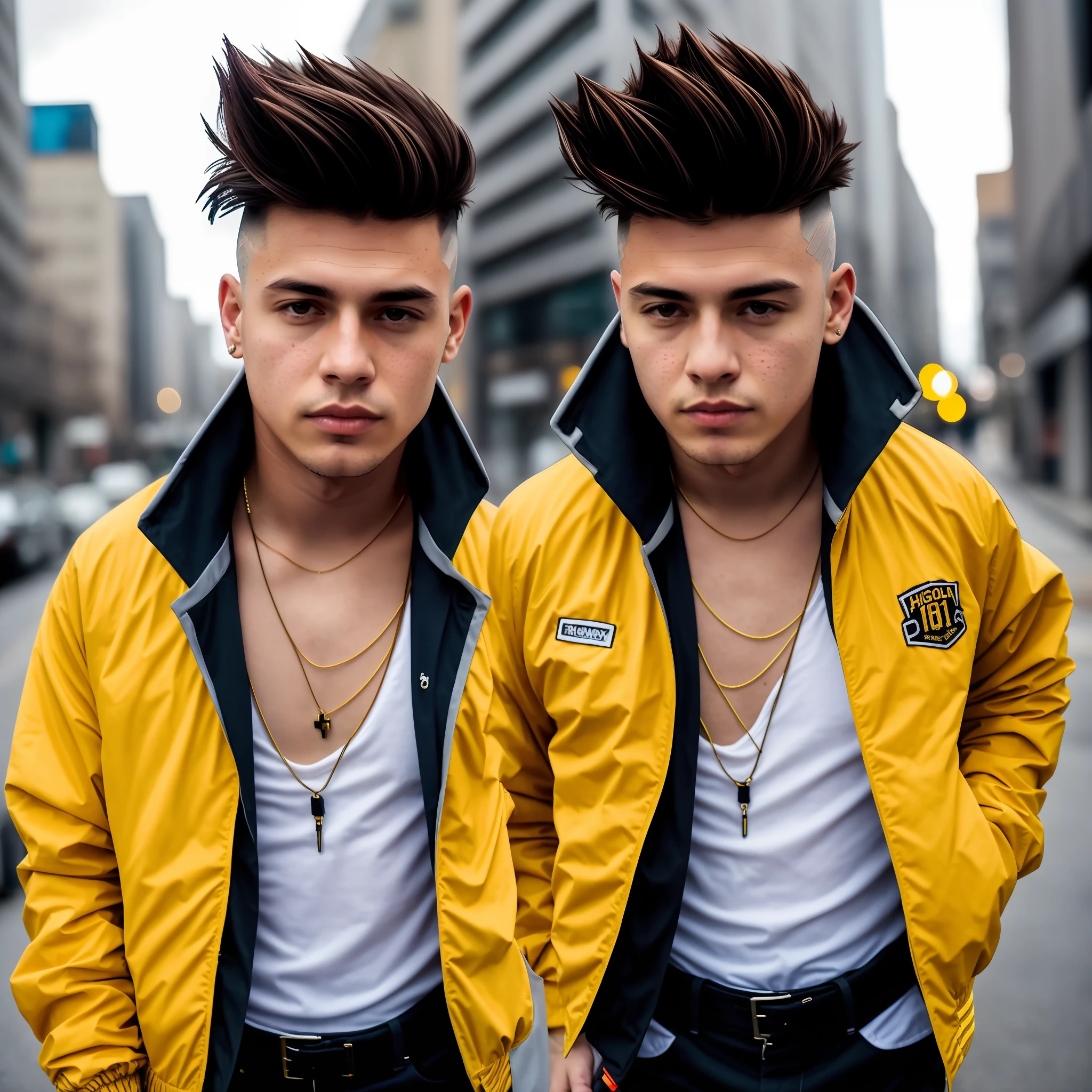 RAW photo, a close up portrait photo of 20 y.o 1boy, solo, realistic,shirt,jacket, cyberpunk, spiked hair,brown hair, yellow jacket, background is city ruins, (high detailed skin:1.2), 8k uhd, dslr, soft lighting, high quality, film grain, Fujifilm XT3, highly detailed background