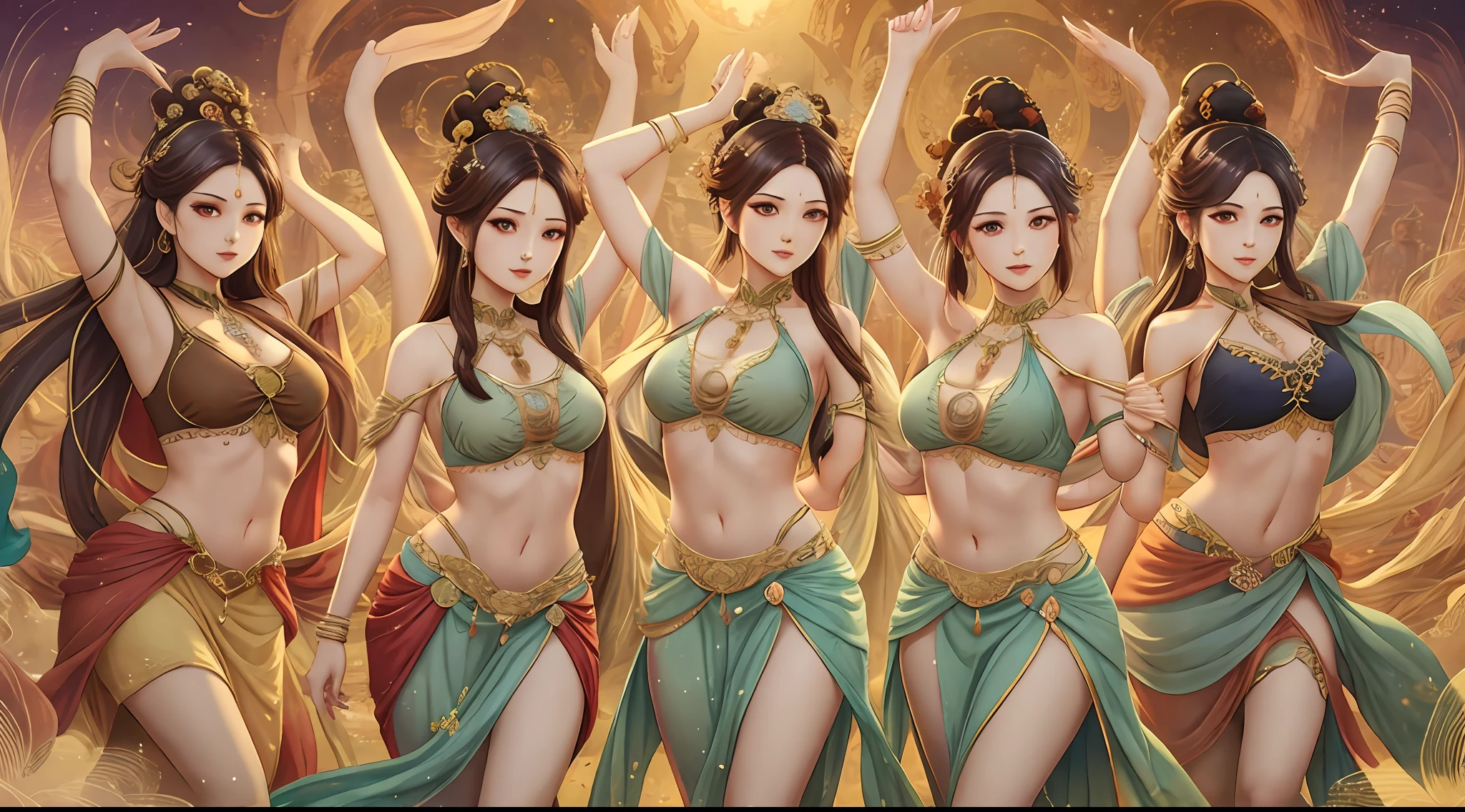 10girls, mature females, ethereal, goddess, large breasts, vivid color, dunhuang_cloths, brown hair, bare shouders, perfect female figure, tall figure, arms up, armpits, thighs, expressionless, light smile, trending on Art Station, masterpiece, 8k resolution, fantasy art,