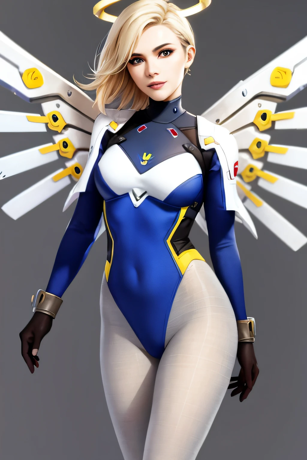 masterpiece, best quality, 1girl, solo, smile,mercy (overwatch), mechanical halo, breasts, blue eyes, blonde hair, pantyhose, mechanical wings, wings, halo, bodysuit, yellow wings, brown pantyhose, lips, gloves, pelvic curtain, black gloves,(grey background:1.2),simple background, (kbxll:0.6)