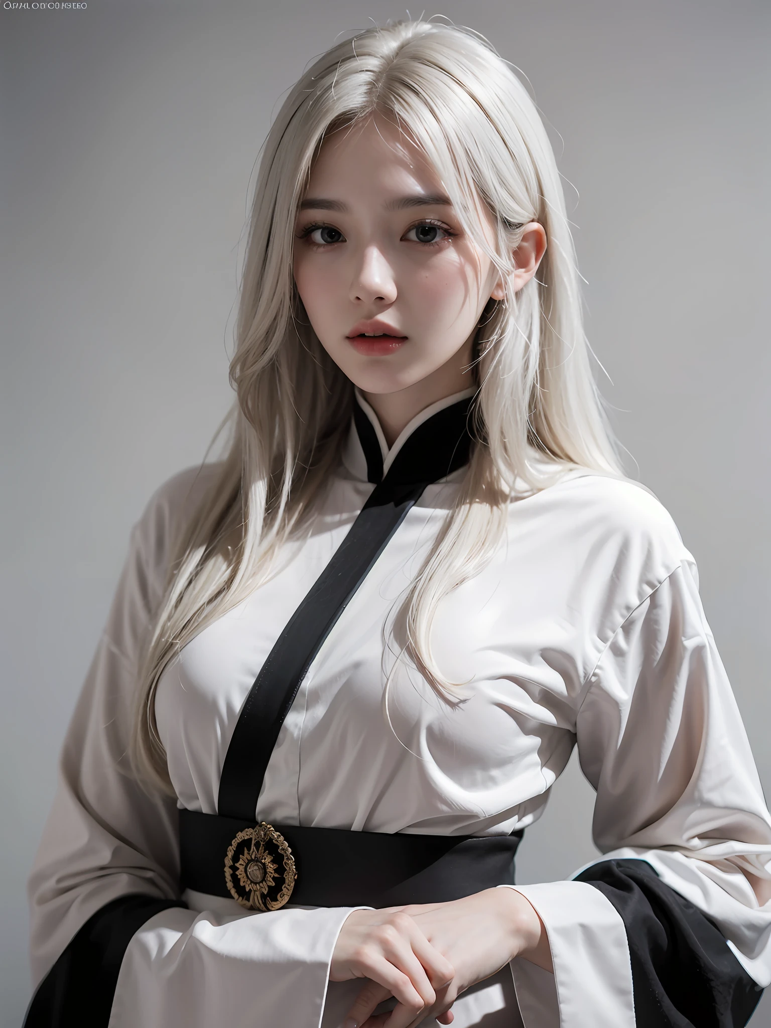 photorealistic, high resolution, 1 girl, white wavy hair, korean, close up, dramatic lighting, white hair, black eyes