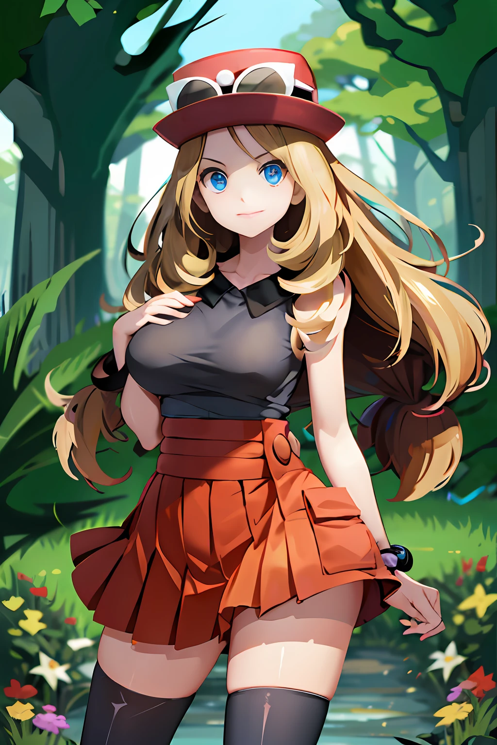 masterpiece, best quality, highres, blue eyes, serena \(pokemon\), 1girl, solo, thighhighs, long hair, hat, jewelry, bracelet, black thighhighs, collared shirt, pleated skirt, red skirt, sleeveless, high-waist skirt, sleeveless shirt, eyelashes, pink headwear, black shirt, eyewear on headwear, cowboy shot, field, smile, closed mouth, from below, thick thighs, looking down at viewer,