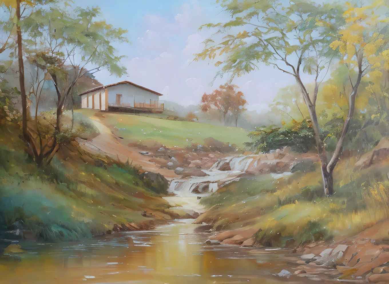 painting of a stream running through a lush green forest filled with trees, Direction: Victor Meirelles, Direction: Willian Murai, oil paintings, em uma paisagem serena, oil on canvas painting, Direction: Bernardo Accama, Direction: Rodolfo Escalera, pintura da natureza, oil panting, peaceful scene, oil paining, smooth oil painting, oil canvas,super realista