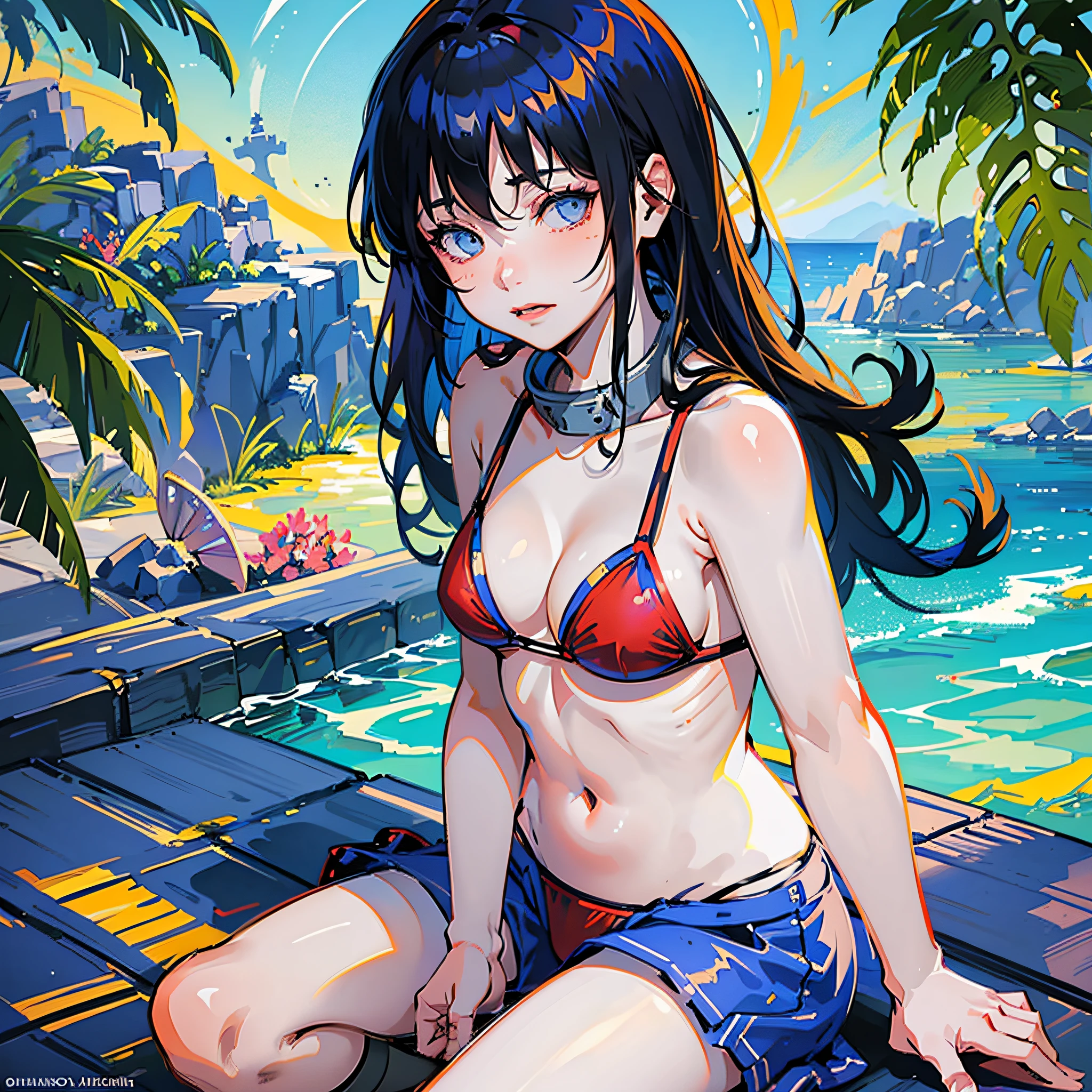 Red bikini anime girl sitting on the beach, beautiful anime girl, Makoto Shinkai and artgerm, charming anime girl, (anime girl), Kantai collection style, yellow bikini, small, Makoto Shinkai art style, beautiful anime woman, marine Kitagawa fan art, high quality anime art style, cute anime girl, 4K manga wallpaper