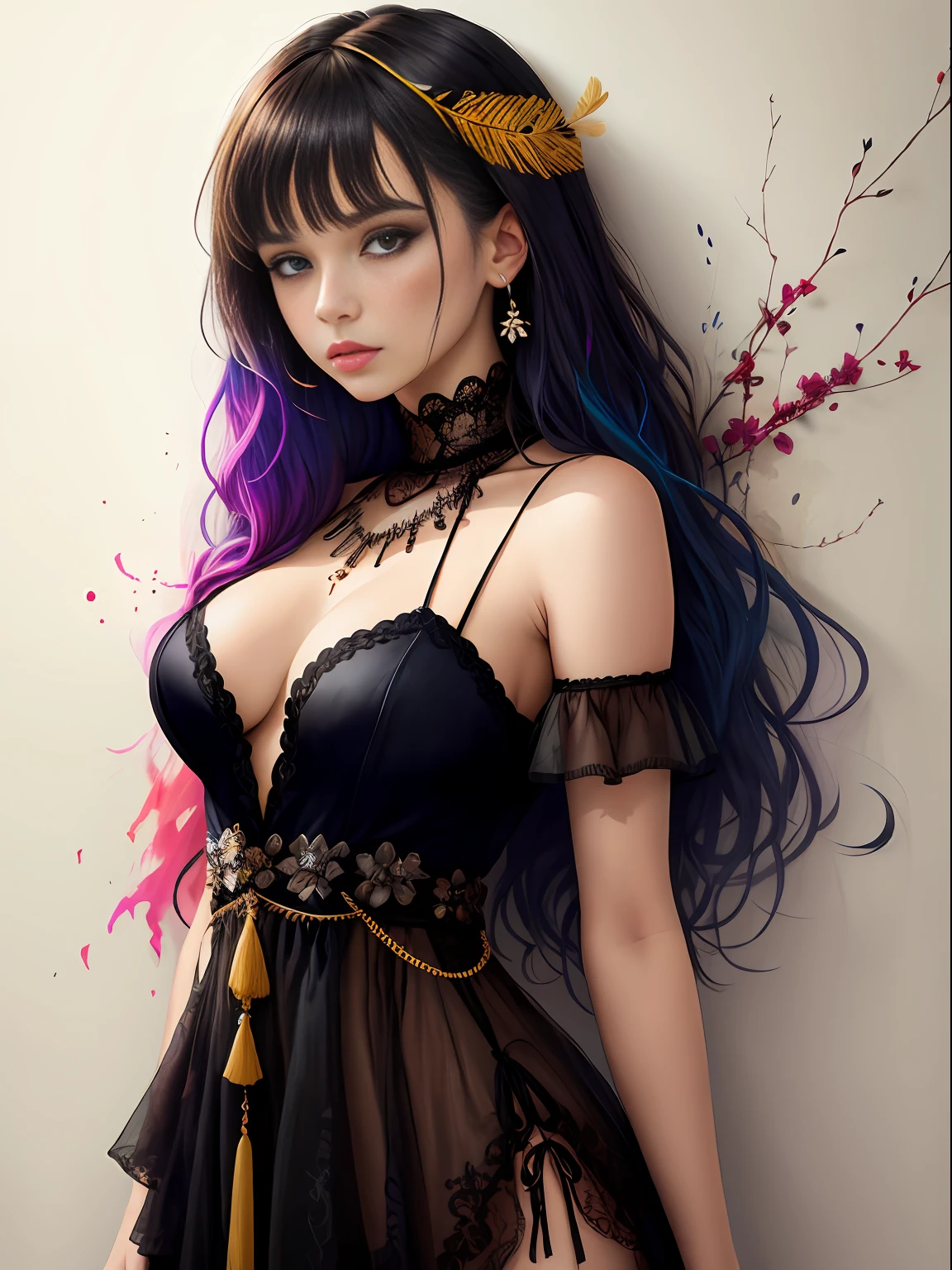 1 bela mulher bonita veste um chapéu de palha pena-decorado e um vestido off-os-lace shoulder. The skirt is made of feather decorations of various colors, requintados pingentes de penas, brincos e pulseiras de pedras preciosas. Retrato de corpo inteiro, mixed media design, por Carne Griffiths e Artur Bordalo. Quadros de ajuste, altamente detalhados, alto contraste, 24K, octane rendering