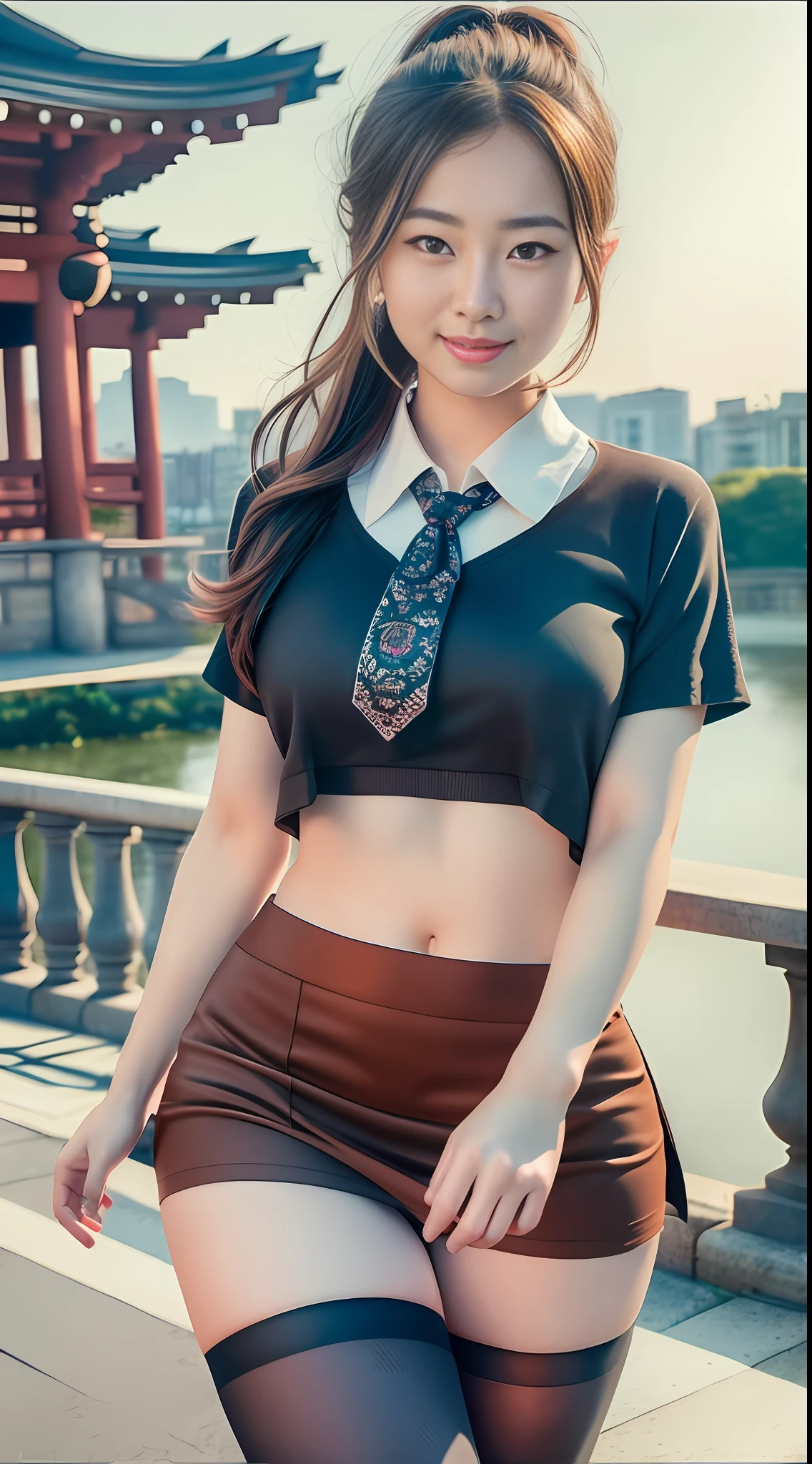 Smiling minchen, mouth closed, balanced eyes, (Best Quality Detail: 1.2), Realistic, 8K HD, Ultra-detailed, High Quality Texture, Intricate Detail, Detailed Texture, Fine Detail, High Detail, Very Detailed CG, Delicate Beautiful Delicate Face, (Delicate Beautiful Delicate Eyes: 1.32), Very Bright Lighting, Ray Tracing, (A Beautiful 25-Year-Old Cute Japanese Lady: 1), Proud, Tall Feminine, Beautiful Legs, Glowing Eyes, Blush, Very White Skin, Perfect Body Petite, Silver Tight Bra, [Brown Skirt]: 1, Stockings and suspenders: 1.2, long hair, short pink skirt, comfortable living room, sun, hands open, earrings, necklace, model, looking at the audience, standing pose, from the side, dynamic pose, front