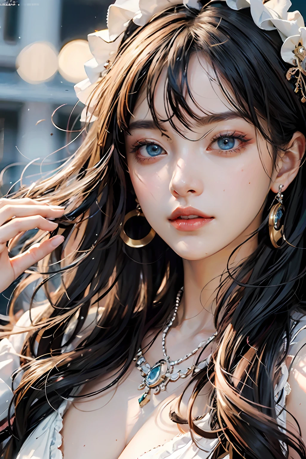 ( Absurd, High quality, ultra-detailed, masterpiece, concept art, smooth, highly detailed artwork, hyper-realistic painting )beautiful eyes(eyes detailed),1 pretty girl, Rose with pink, yellow, and blue color, Rainbow in sky, dreamy, clouds, Vivid, cute and fantasy, playing guitar