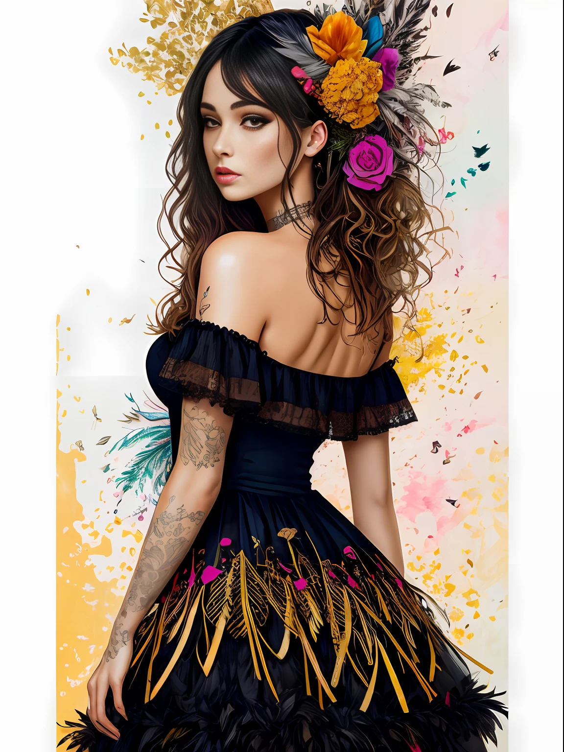 1 bela mulher bonita veste um chapéu de palha pena-decorado e um vestido off-os-lace shoulder. The skirt is made of feather decorations of various colors, requintados pingentes de penas, brincos e pulseiras de pedras preciosas. Retrato de corpo inteiro, mixed media design, por Carne Griffiths e Artur Bordalo. Quadros de ajuste, altamente detalhados, alto contraste, 24K, octane rendering