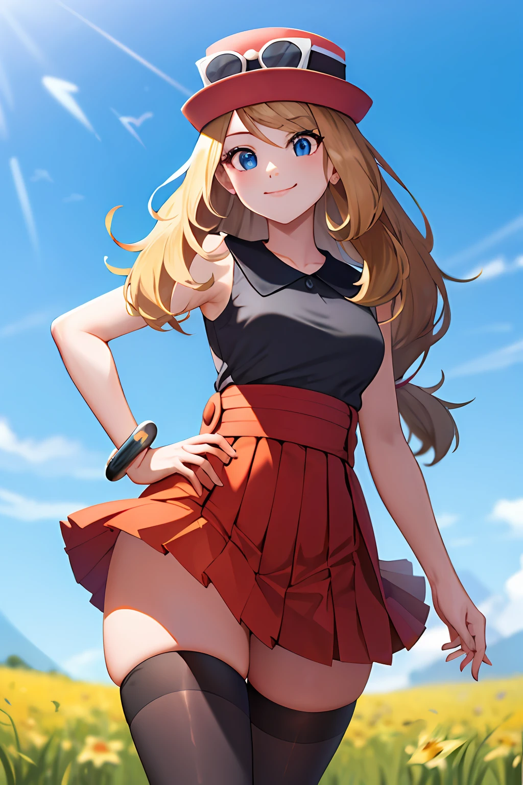 masterpiece, best quality, highres, blue eyes, serena \(pokemon\), 1girl, solo, thighhighs, long hair, hat, jewelry, bracelet, black thighhighs, collared shirt, pleated skirt, red skirt, sleeveless, high-waist skirt, sleeveless shirt, eyelashes, pink headwear, black shirt, eyewear on headwear, cowboy shot, field, smile, closed mouth, from below, thick thighs, looking down at viewer,