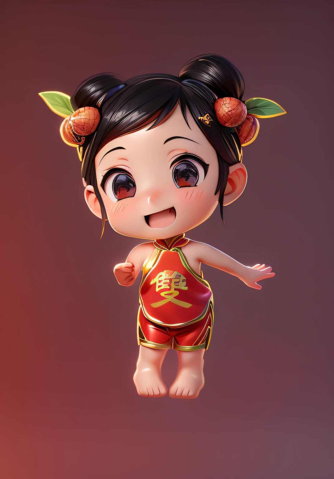 (Masterpiece、:1.3),(best qualitc:1.3),(Masterpiece、:1.3),(best qualitc:1.3),(8k壁纸),(resoulution ultra-Highresolution),all body,(Two-headed body:2),(Natural skin texture),(Beautiful and beautiful),(very detailed CG,complicated detail),White background,(whitebackground:1.5),.pixar,3D,C4D,BLENDER,1女孩,Cutes,Happy face,black color hair,solo,..Chibi,hair ornaments,...Chibi,(litchi: 0.5),(Double lychee:0.2),(Chinese wind:1.5),))Hanfu,(Red bib),(Red shorts),bare feet,