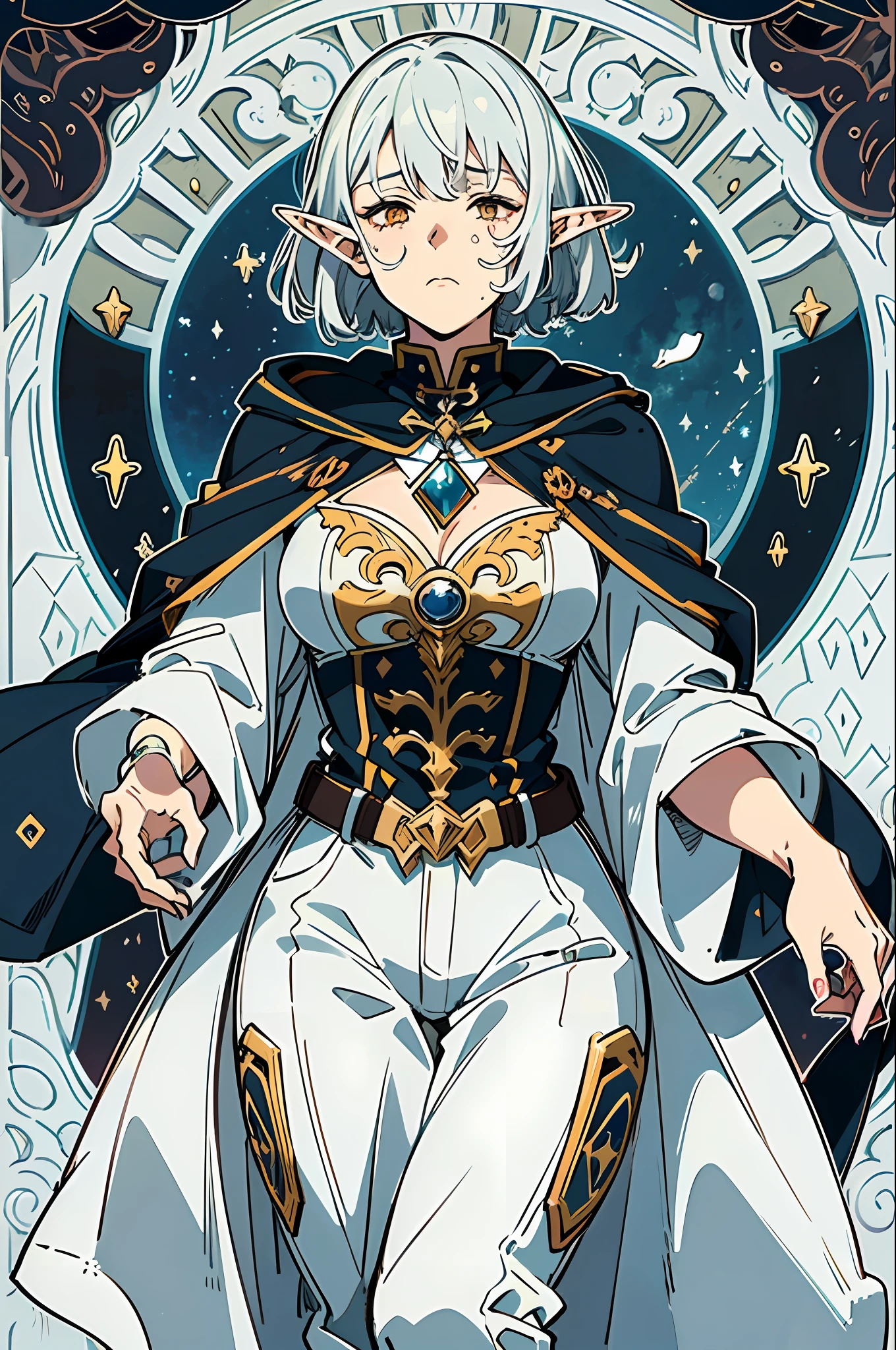 full body shot, darkest_diffusion, (girl, 1 beautiful face, adult, (tired, sad),skinny, fragile, thin, medium breasts:1.4),(grey hair, bob cut, ((fine facial features)),),(white outfit, red accents, assasin coat, military coat, boots, fantasy pants, adventurer outfit),(yellow eyes:1.2),(using dark magic:1.4),(absurdres, highres, ultra detailed), (elf:1.3), finely detailed eyes and detailed face, the fool \tarot\, bard, clown, Symbolism, Visual art, Occult, Universal, Vision casting, Philosophical, Iconography, Numerology, Popularity, Artistic, Alfons Mucha