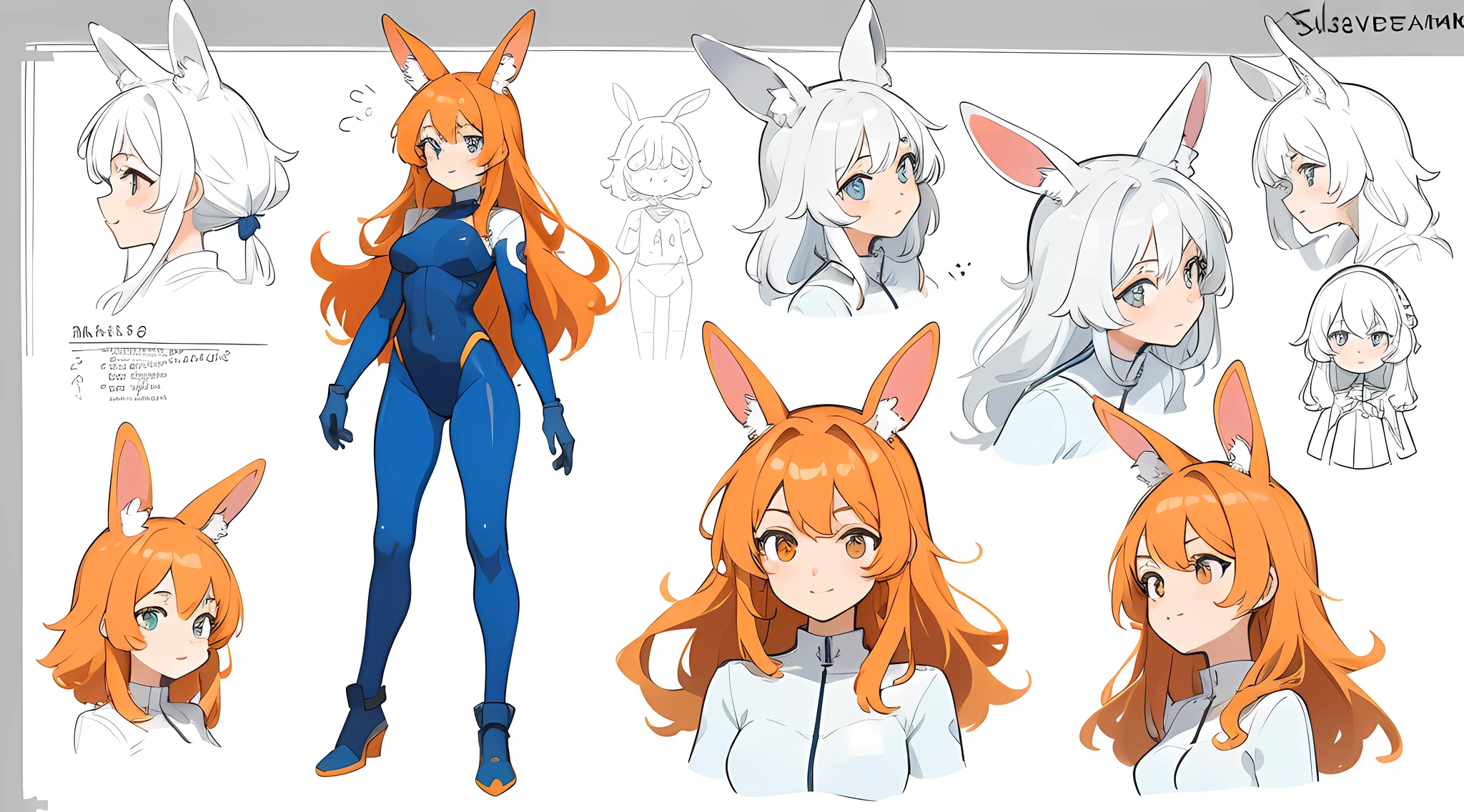 masterpiece, best quality) detailed, character sheet, rabbit ears, medium breasts, determand look, small smile, sleaveless blue bodysuit, reference, long orange messy hair