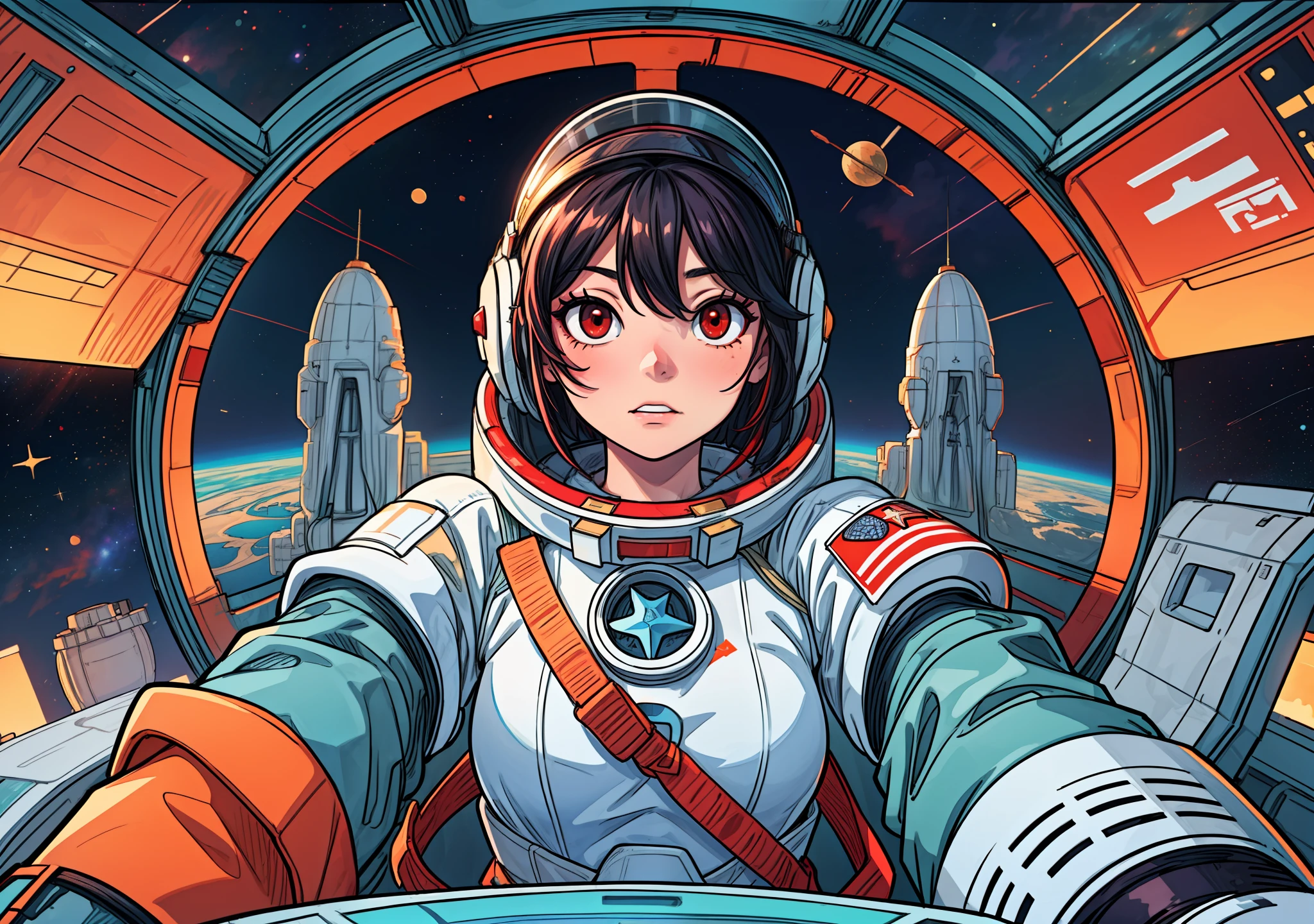 1girl,flat_breasts,cute,beautiful detailed eyes,shiny hair,visible through hair,hairs between eyes, CCCPposter, sovietposter,red monochrome,soviet poster, soviet,communism,
Black_hair,red_eyes,vampire,age,poorbreast,Spacesuit:Orange_clothing_body:jumpsuit),white_gloves, white_space shoes, white_helmet, the CCCP red letters on the top of helmet, weightlessness, Side light, reflection, The person in the spacesuit is at the bottom left of the frame, The right hand is outstretched, the right hand gently touches the Salyut space station), Space station in the upper right corner of the screen, Reflected light from the sun, Silver metal,red flag, brilliance,USSR style, diffuse reflection, Metallic texture, The vista is a blue Earth,mecha style,the sea of star,high tone, magnificent