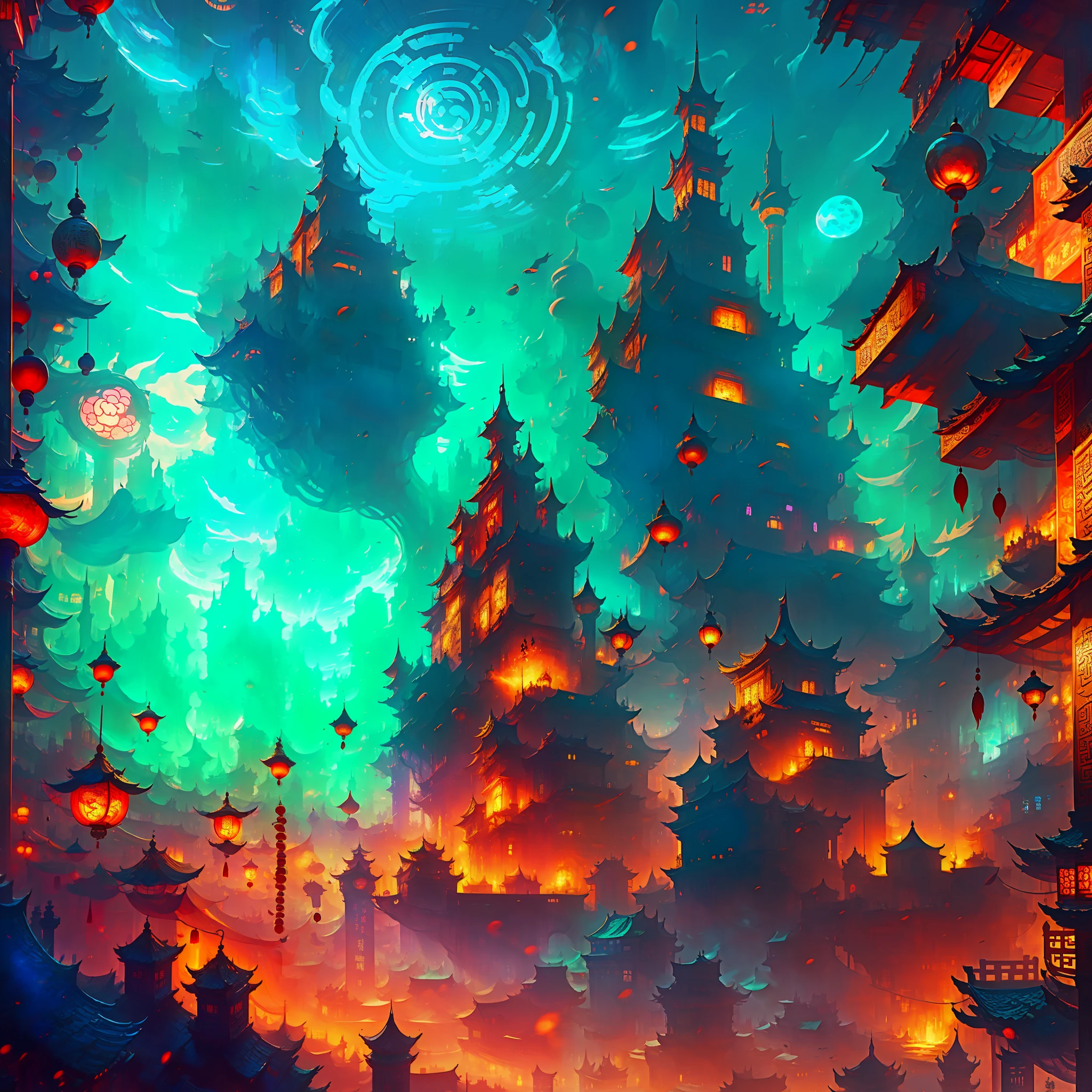 There is an image of an image of a city with a sky background, loading screen. 8K resolution, just visited during dreams, fantasy world concept, cyberpunk ancient chinese castle, in front of a fantasy city, from Bravely Default II, from NCSofil, charming and supernatural, travel announcement, set